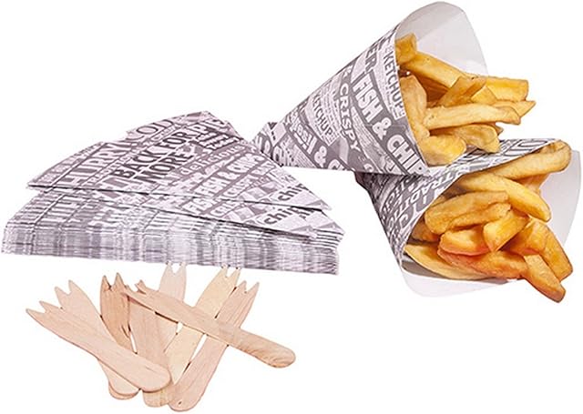 West5Products 100 Newsprint Chip Cones with Chip Shop Forks (Designed for Food Use)