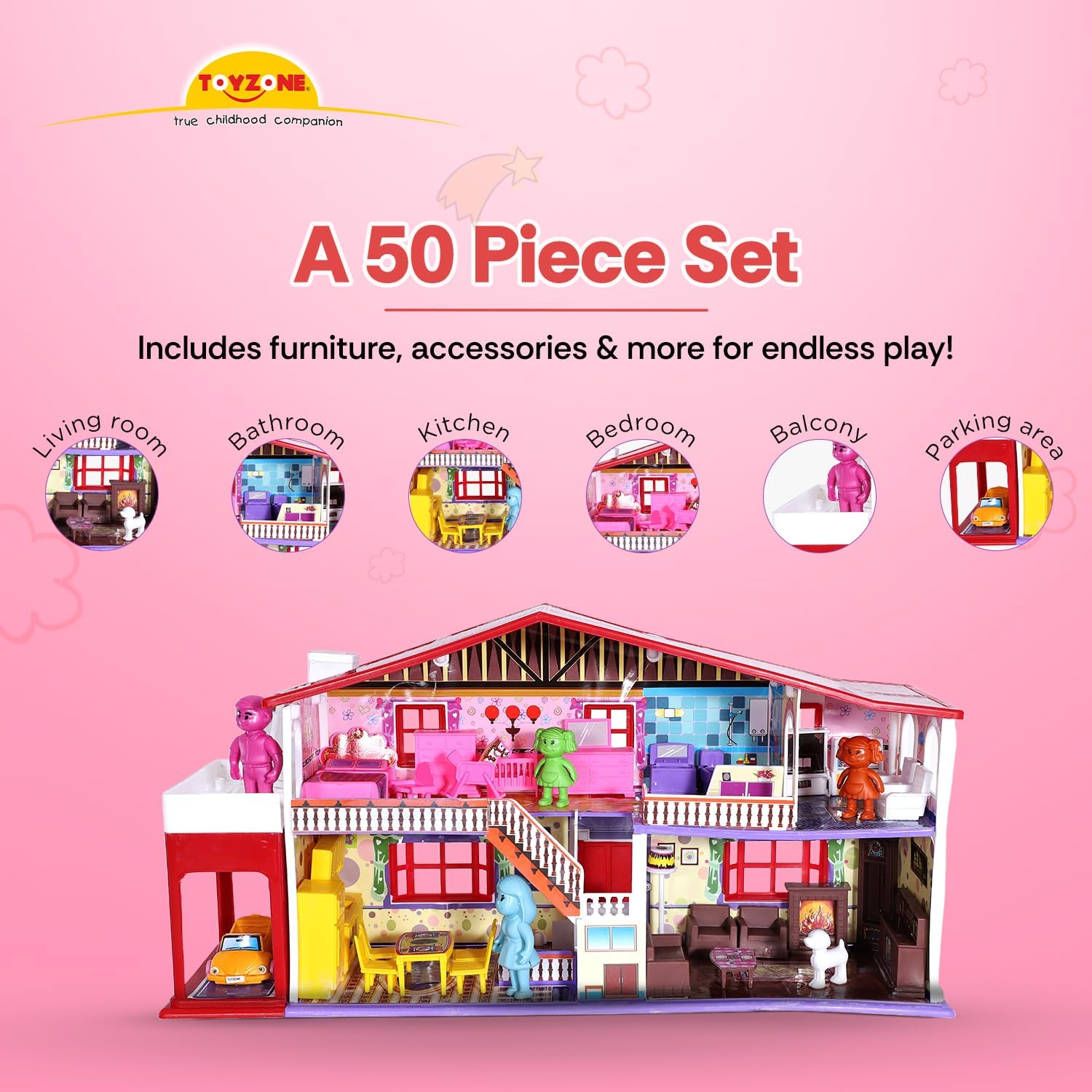 Toyzone Dollhouse (50 Pcs), Play Set for Girls, Role Play Set, Doll House with Furniture, Doll House Play Set for Kids with Furniture, Pretend Play Set (My Deluxe Doll House) Multicolor
