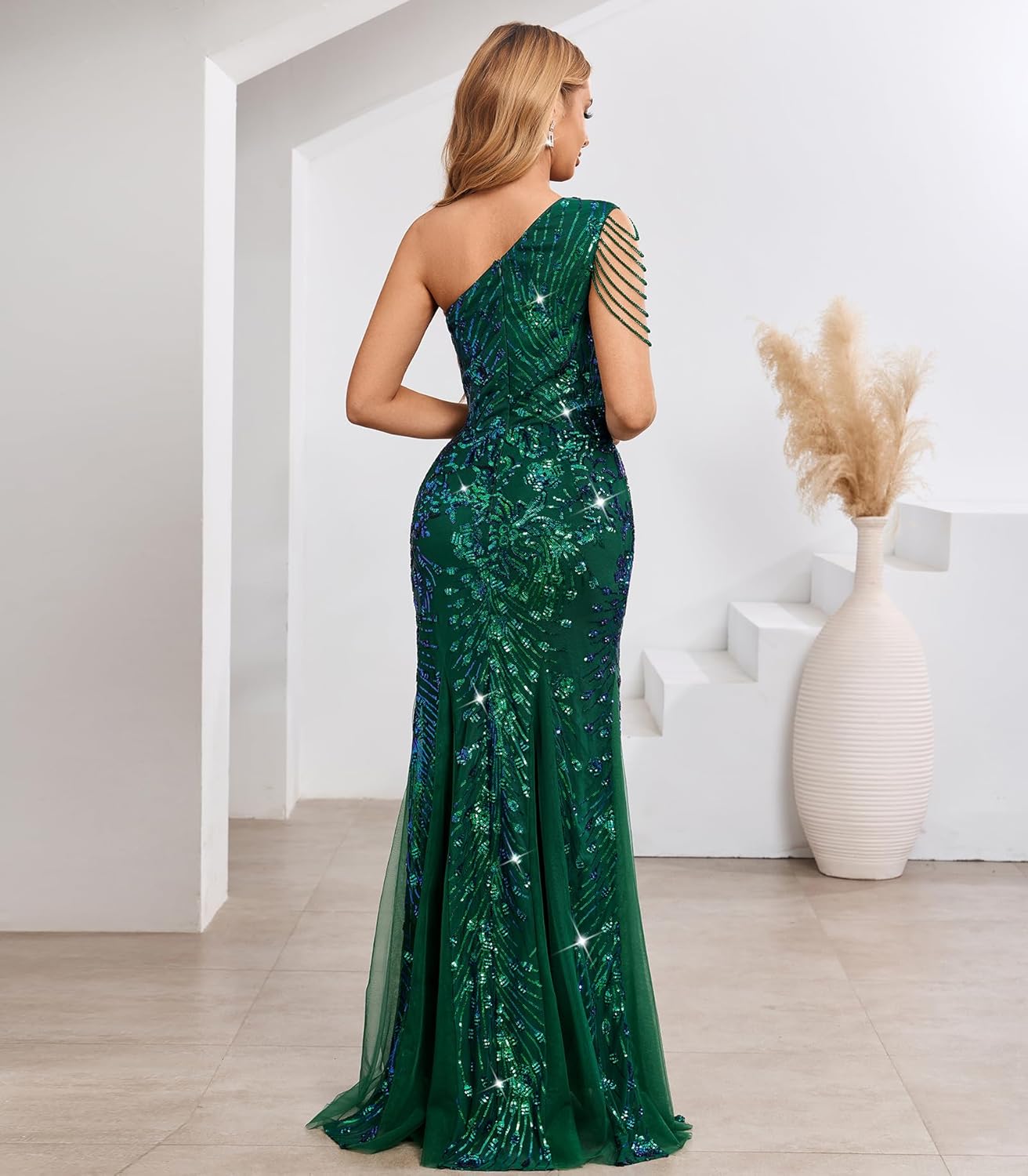 Cololura Women One Shoulder Sequin Formal Dress with Tulle Hem - Elegant Cutout Mesh Mermaid Flare Party Evening Gown