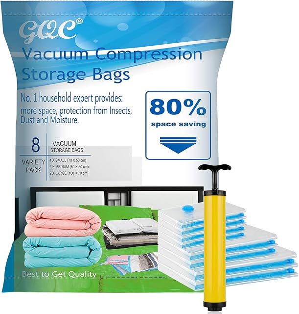 GQC Premium Vacuum Storage Bags. 80% More Storage!Vacuum bags clothes Hand-Pump for Travel! Double-Zip Seal and Triple Seal Turbo-Valve for Max Space Saving