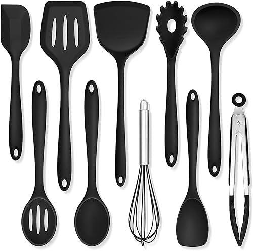TeamFar Utensilios de cocina de silicona, juego de 10 utensilios de cocina de cocina, resistentes al calor de 446 F, juego de herramientas con