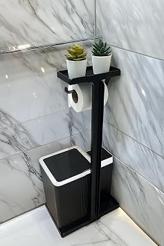 3'ü 1 Arada Banyo Seti Tuvalet Kağıtlık, Çöp Kovası Ve Tuvalet Fırça Takımı Set Çizgili (Krom Siyah)