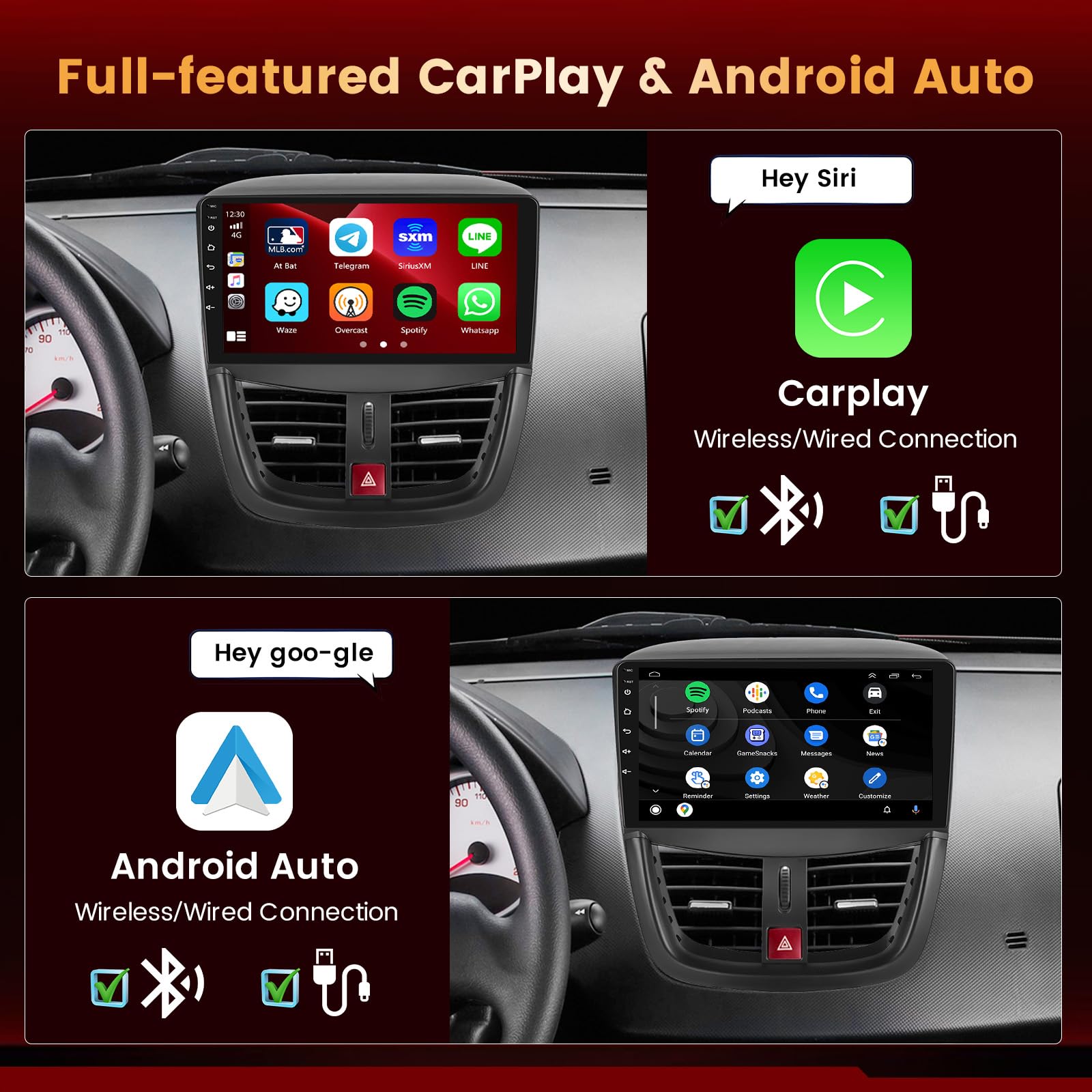 Qualcomm 8-Core, 4GB+64GB Android 15 Autoradio für Peugeot 207 2005-2015 Kabelloses CarPlay Android Auto, DSP, 9-Zoll IPS Touchscreen Bluetooth, FM/RDS, Lenkradsteuerung, AHD Rückfahrkamera