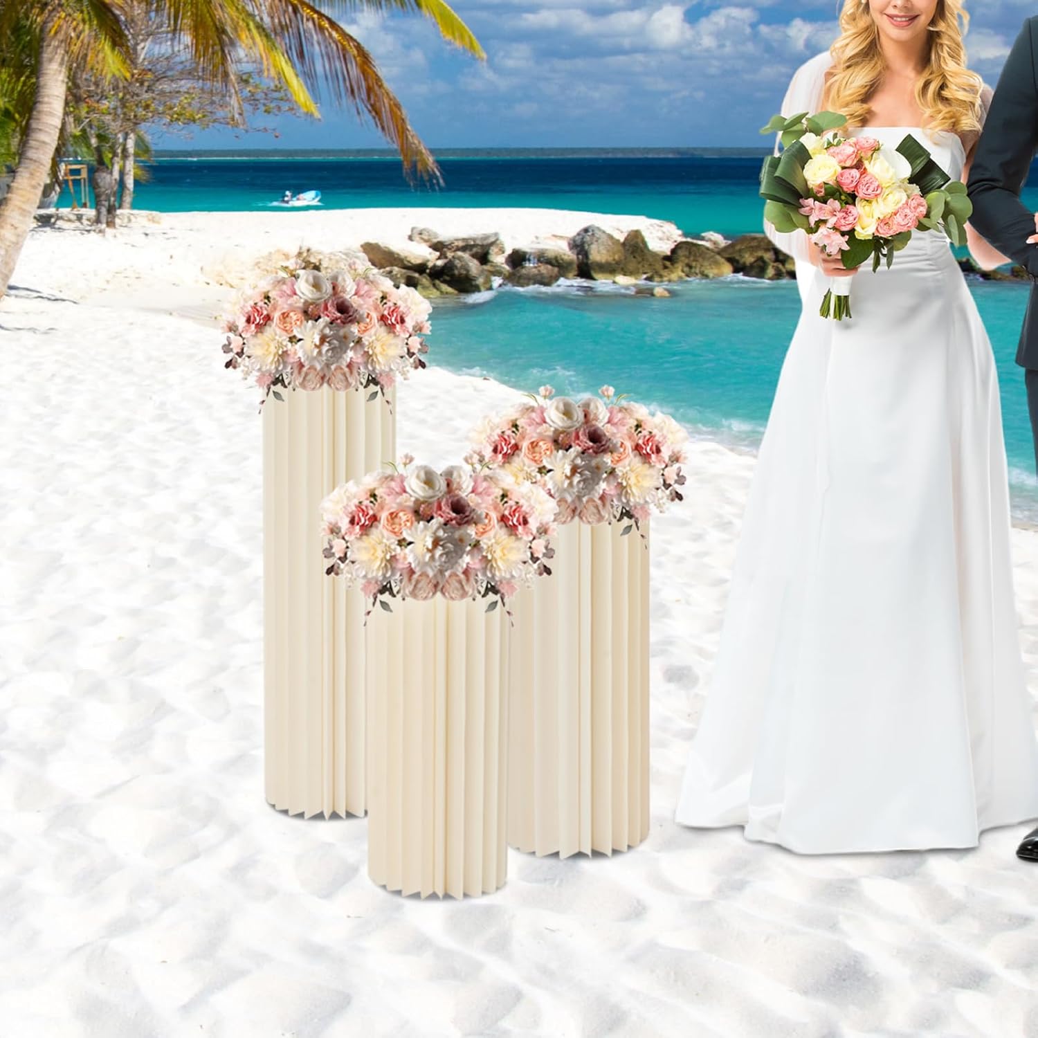 Cardboard Flower Stands Set of 3, Honeycomb Paper Pedestal Columns 23.6/31.5/39.4in Tall, 66lbs Capacity, Wedding Decoration Display Stand for Party Birthday Baby Shower, Milky White