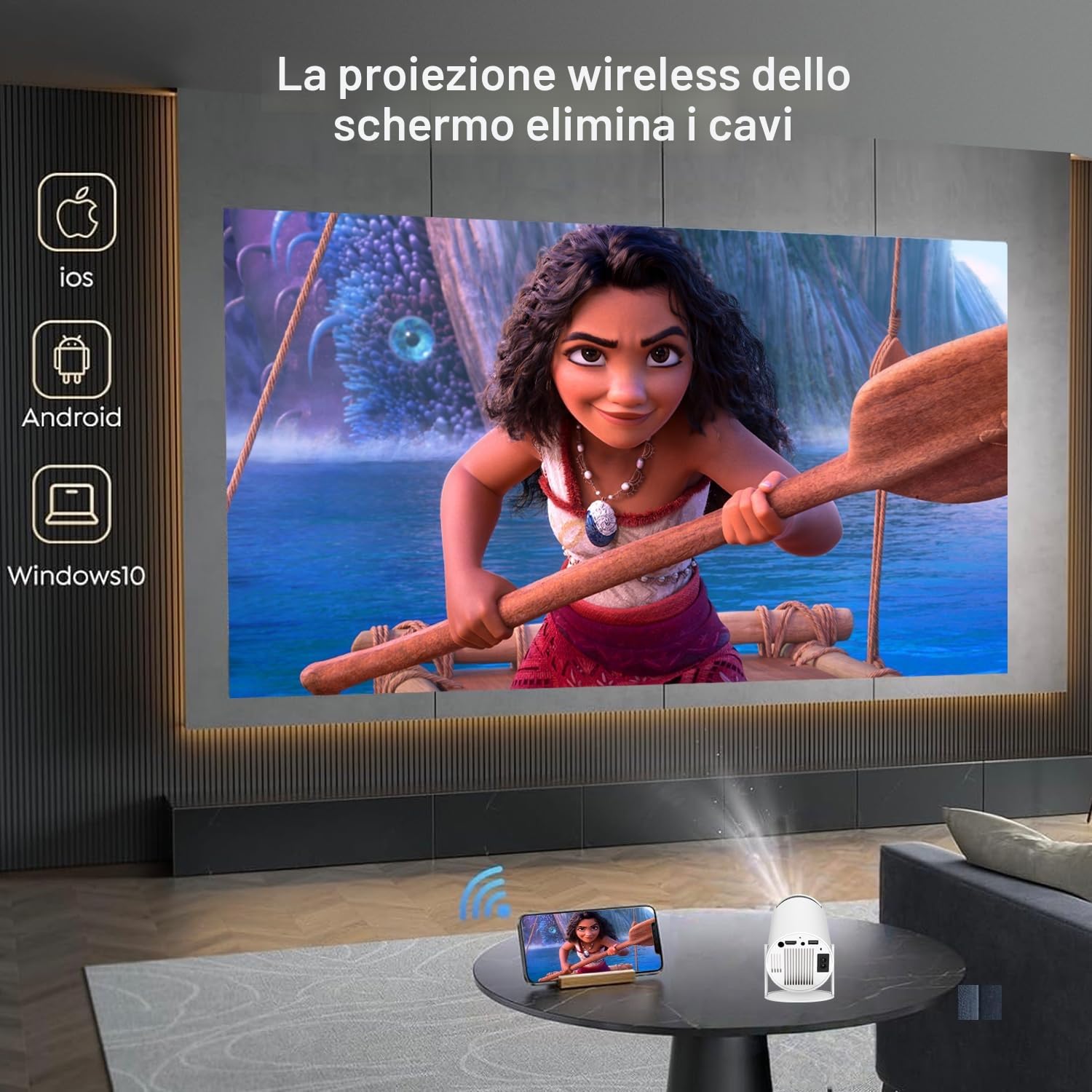Proiettore 4K portatile, mini proiettore video 1080P FHD compatibile con Android e Netflix, WiFi 6, BT 5.0, rotazione a 180°, videoproiettore con correzione automatica del trapezio