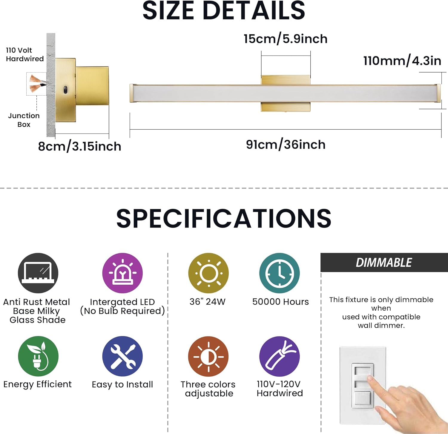 Modern LED Bathroom Vanity Light 36 inch 24W Dimmable 3CCT Bathroom Light Fixture Over Mirror Rectangle Bath Vanity Light Bar with Double Layer Acrylic Shade (Golden)
