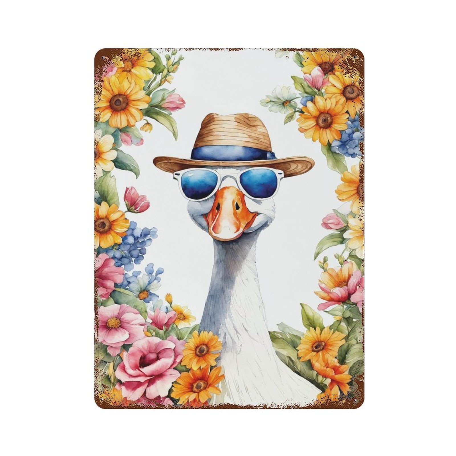 Garage Style Duck with Hat And Sunglasses Watercolor Distressed Metal Wall Sign 15.7"x11.8", Novelty Wall Decor for Bar And Workshop