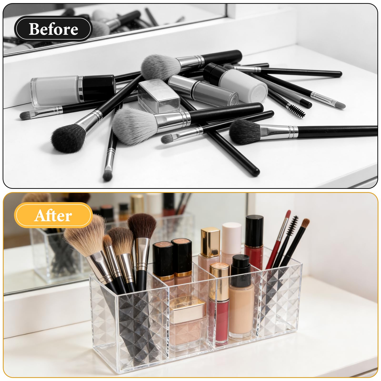 2 Pièces Rangement Pinceaux Maquillage, 4 Compartiments Support Cosmétique | Pot à Crayon en Acrylique Transparent pour Eye-liners, Pinceaux, Rouges à Lèvres et Mascaras