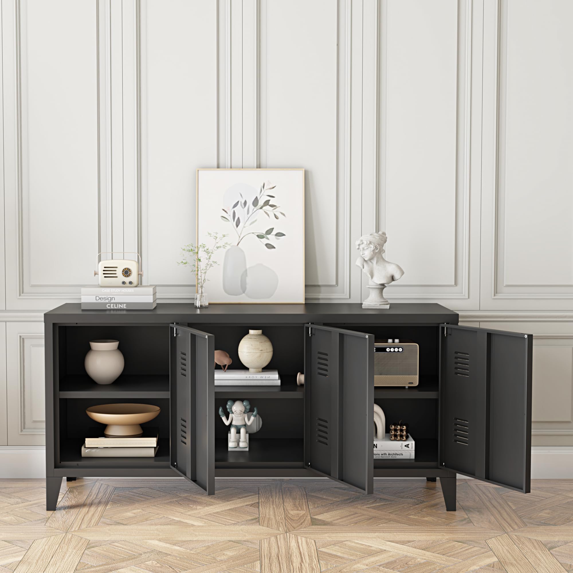 [en.casa] TV Schrank Kotka Lowboard mit 3 Türen TV Board Schwarz Fernsehtisch TV Kommode Fernsehschrank 113 x 40 x 58 cm Metall