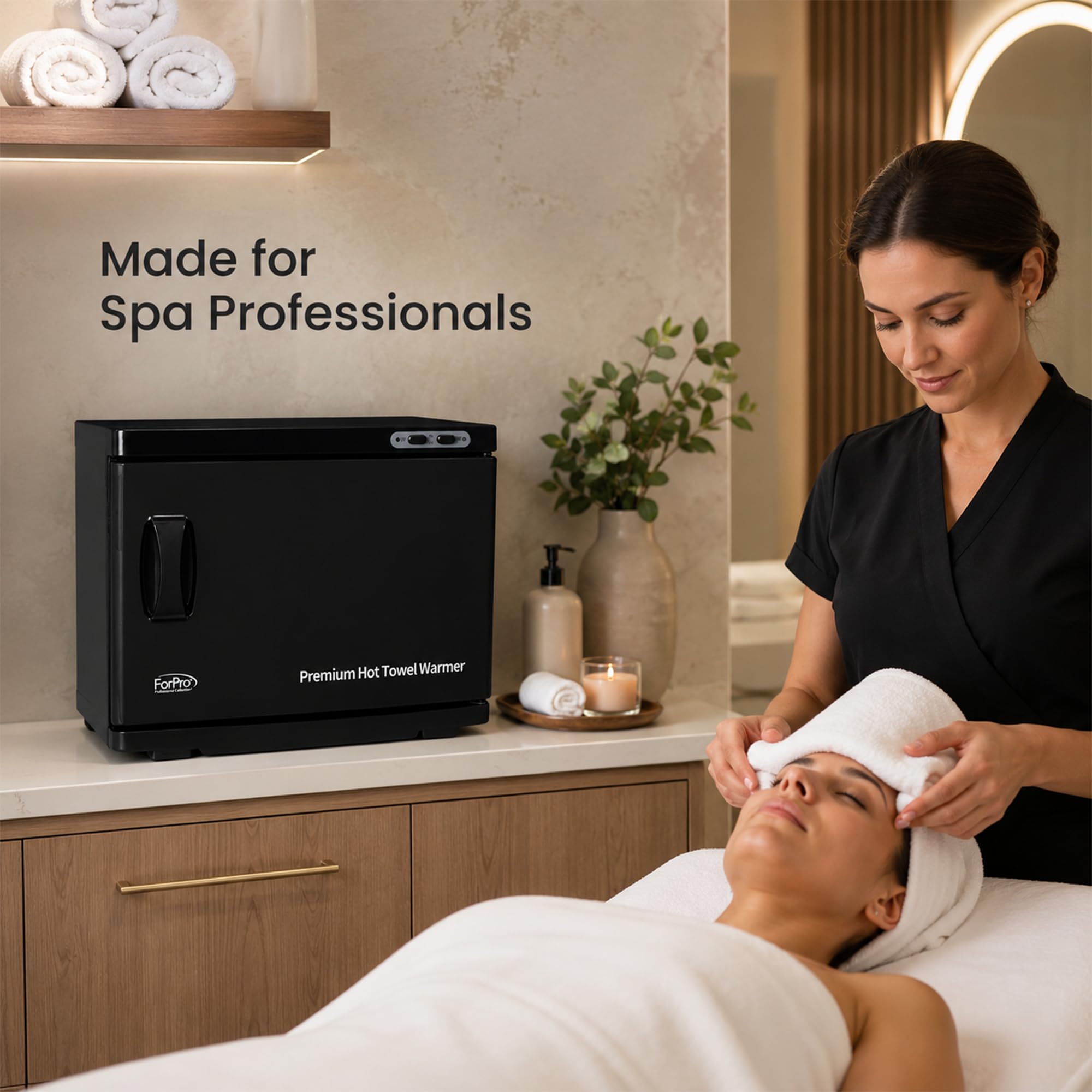 ForPro Professional Collection Calentador de toallas calientes de alta calidad, capacidad extra grande de 23 litros, dos estantes de acero inoxidable, color negro
