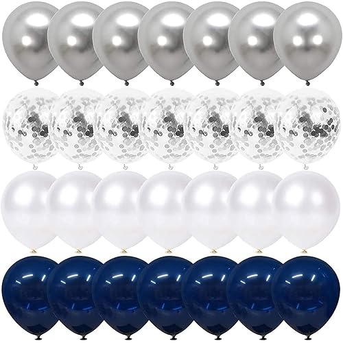 Navy Blue and Silver Confetti Balloons 50 pcs, 12 inch White Pearl and Silver Metallic Chrome Party Balloons for 2026 Graduation Party Decorations