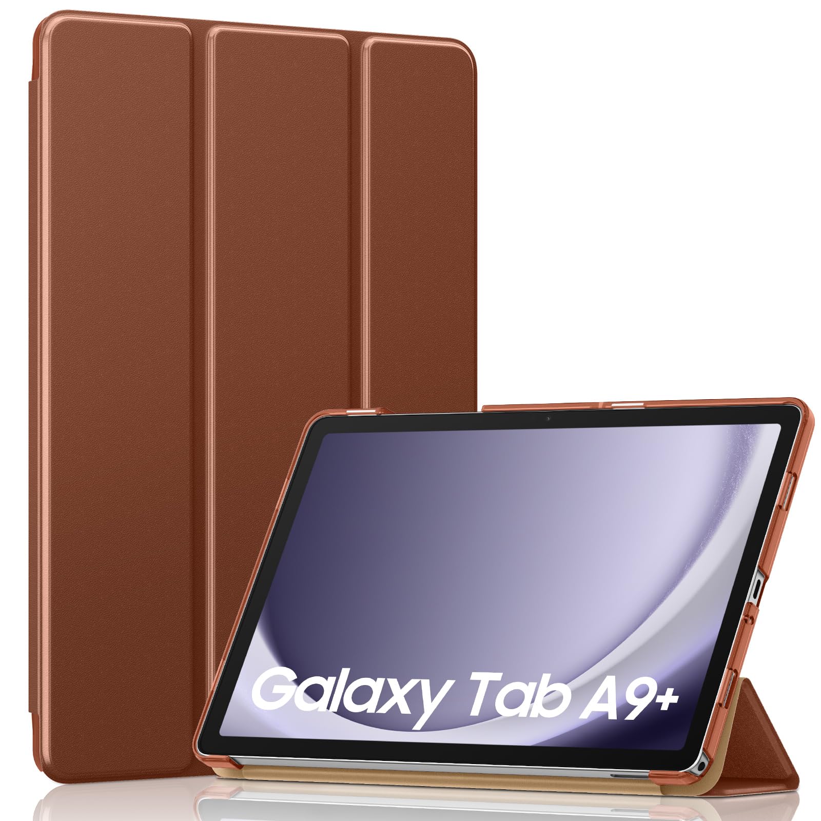 MoKo Trifold Case for Galaxy Tab A9 Plus/A9+ 11 Inch 2023, Brown | Slim Stand Hard PC Translucent Back Shell Smart Cover, Auto Sleep/Wake, Light, Anti-scratch, 2 Adjustable Angle