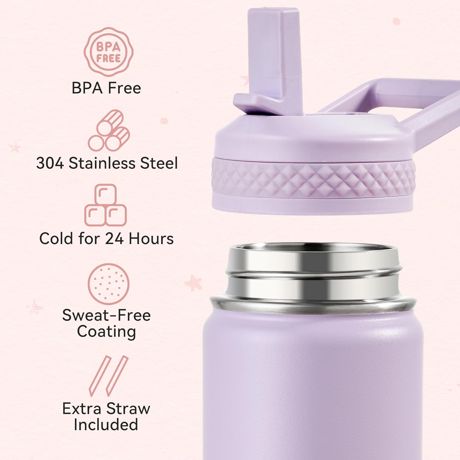Fijinhom 12 oz Toddler Bottle, 2 Pack Kids Water Bottle for School Boys & Girls with Straws Lids, 304 Stainless Steel Vacuum Insulated Thermos, BPA-Free, Cherry + Gradient Purple
