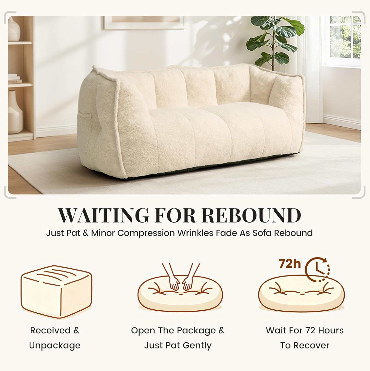 59" Bean Bag Chair, 2-Seat Loveseat Sofa Bed for Adults, Washable Cover,72H Rebound, Fluffy Comfort for Living Room,Bedroom,White