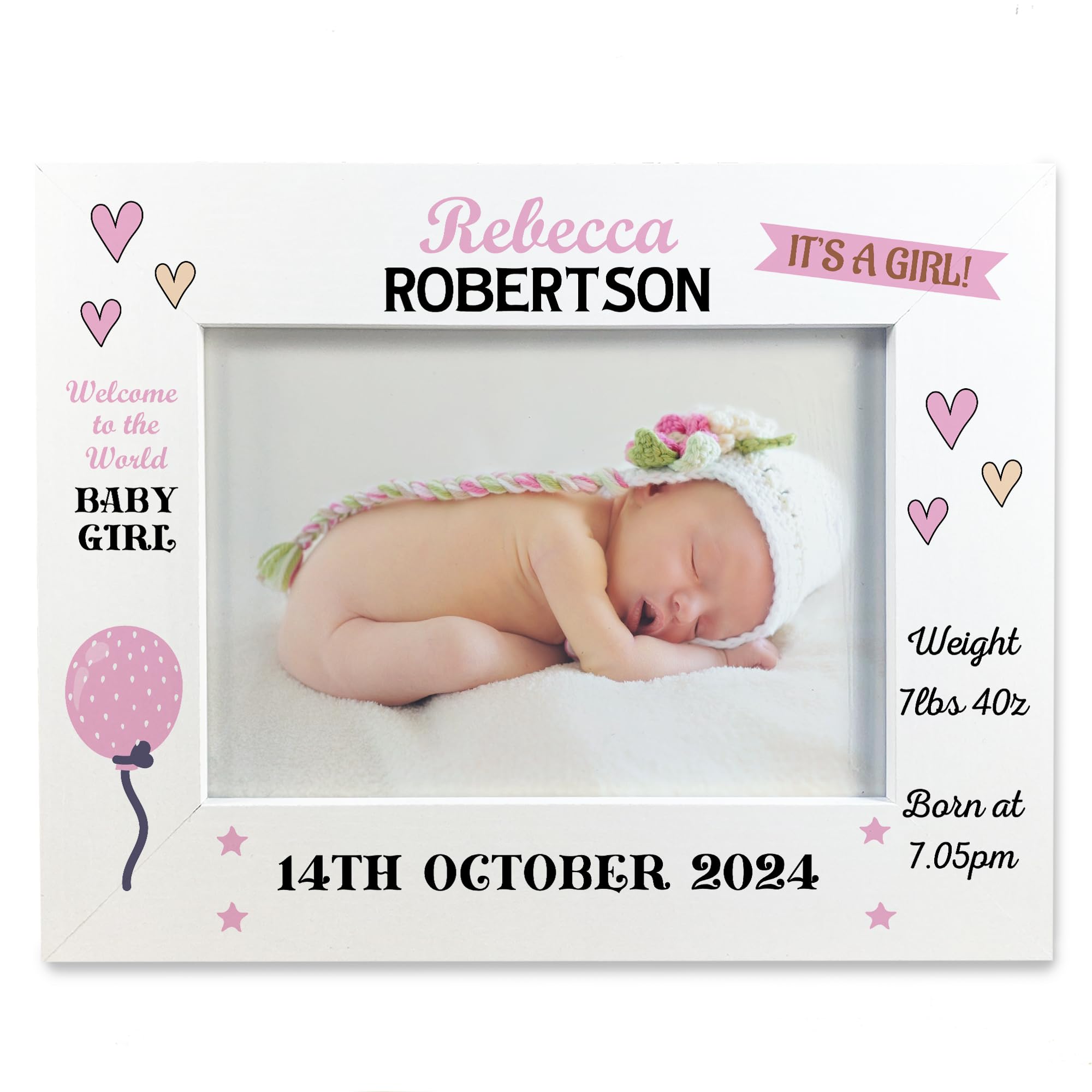 Red Ocean Personalised Baby Girl Newborn Gift, 7x5 White Wooden Photo Frame, Birth Details Nursery Decor, Personalised Newborn Baby Gifts, Christening Baby Shower Gifts