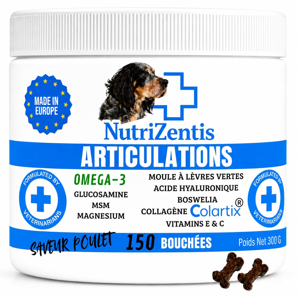 Articulation Chien 300 Bouchées Anti Inflammatoire Chien Glucosamine Chondroïtine MSM Collagène Colartix® Omega 3 Poudre de Moule Verte | Fabriqué en Europe | 300 Bouchées au Poulet