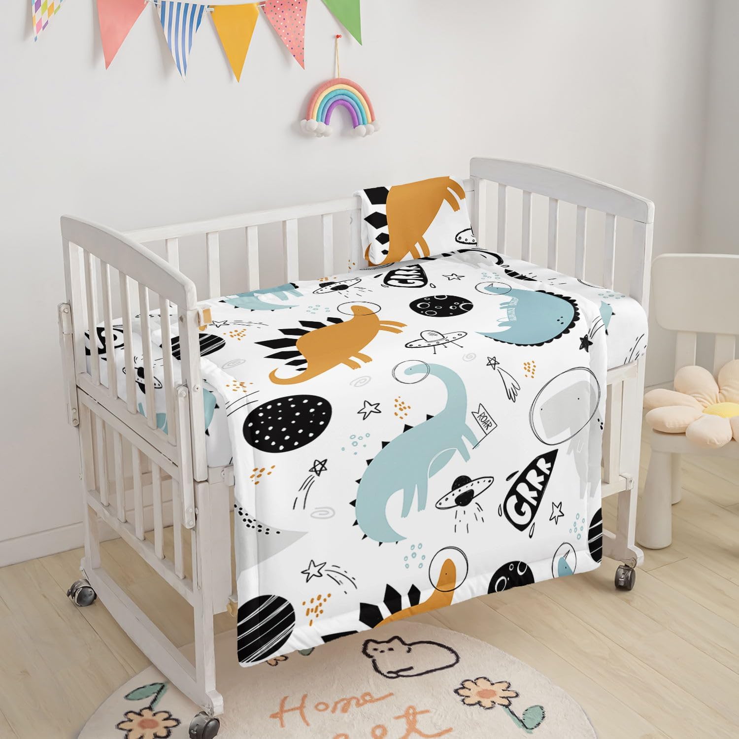 Crib Bedding Set,3pcs Nursery Cartoon Dinosaur Outer Space Printed Crib Bedding Set,with Comforter Sheet & Skirt for Baby Boys and Girls(Dinosaur-3)