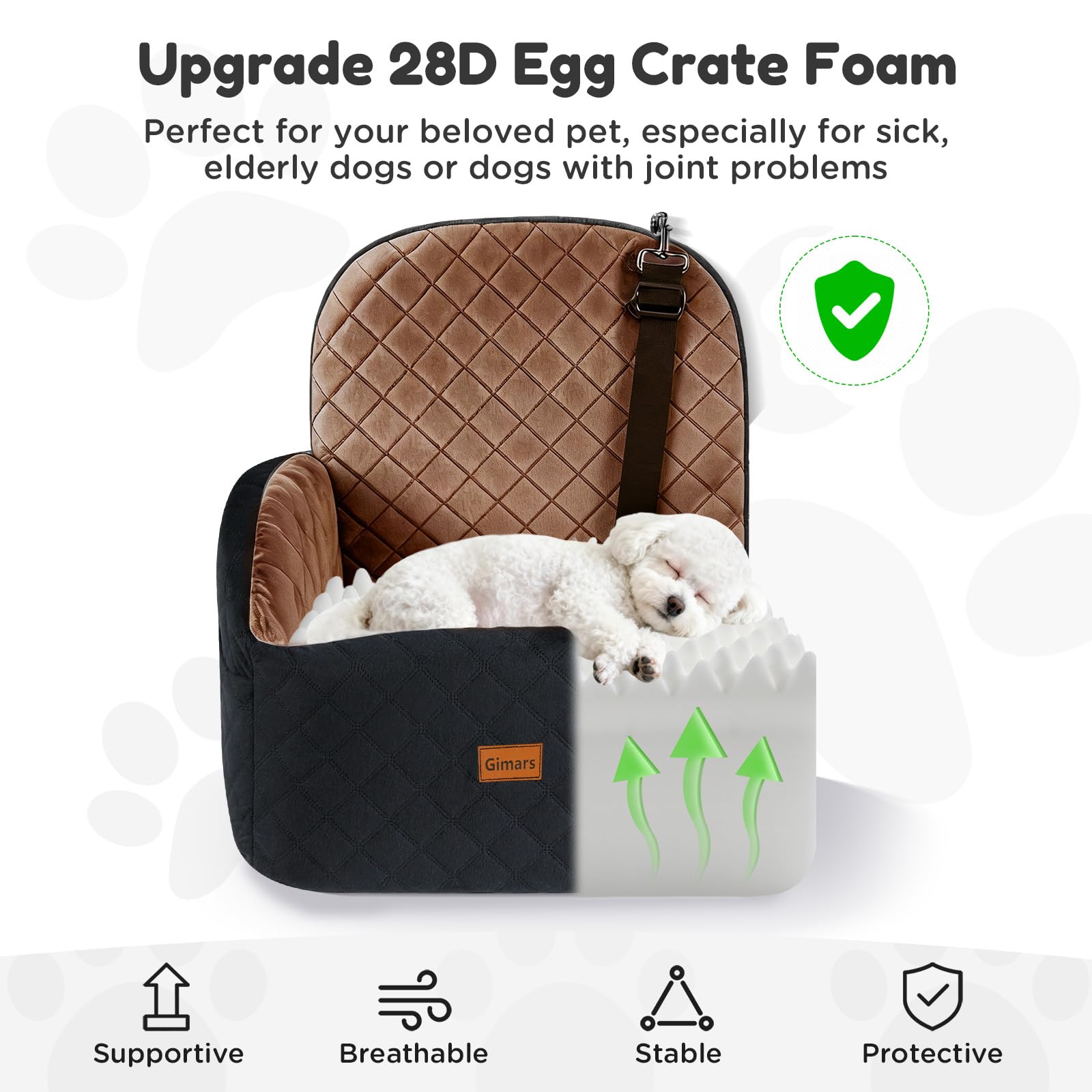 Gimars Réversible Siège Auto Chien Long & Court Peluche pour Petits/Moyens Chiens Jusqu'à 16kg, Amovible Lavable, Antidérapant, Panier Chien Voiture avec Mousse 28D 15cm, Ceinture De Sécurité, S-Brun