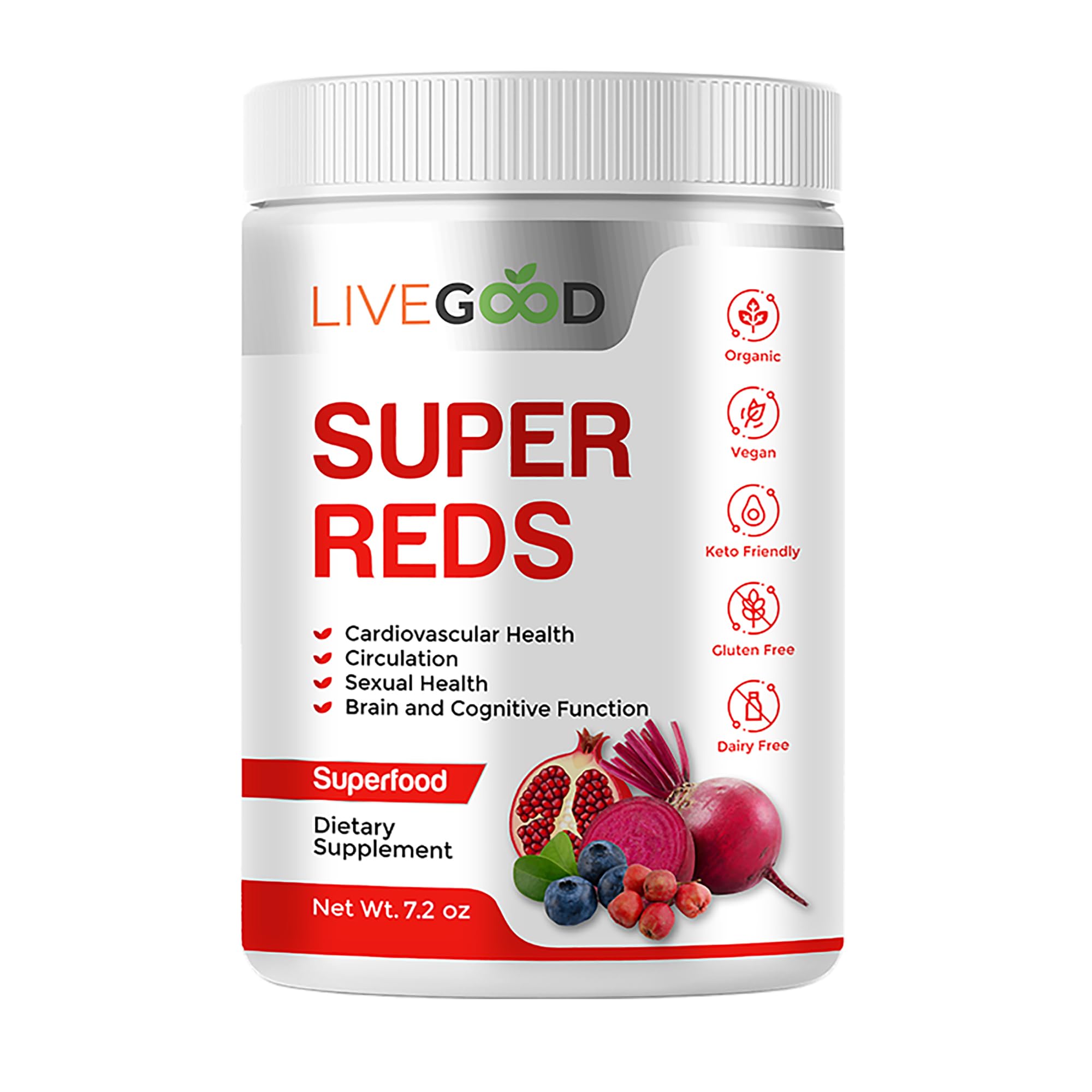 LIVEGOOD™ Organic Super Reds with Alfalfa, Barley Grass, Beet Root, Pomegranite, Grape Seed, Vegan, Gluten Free, 7.2 oz.
