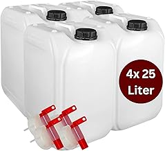 Brestol® 4 x 25 L water canister with outlet tap (DIN 61), BPA-free and food-safe, empty plastic canister for drinking water, chemicals, diesel and oil, acid-proof, odourless, readable scale
