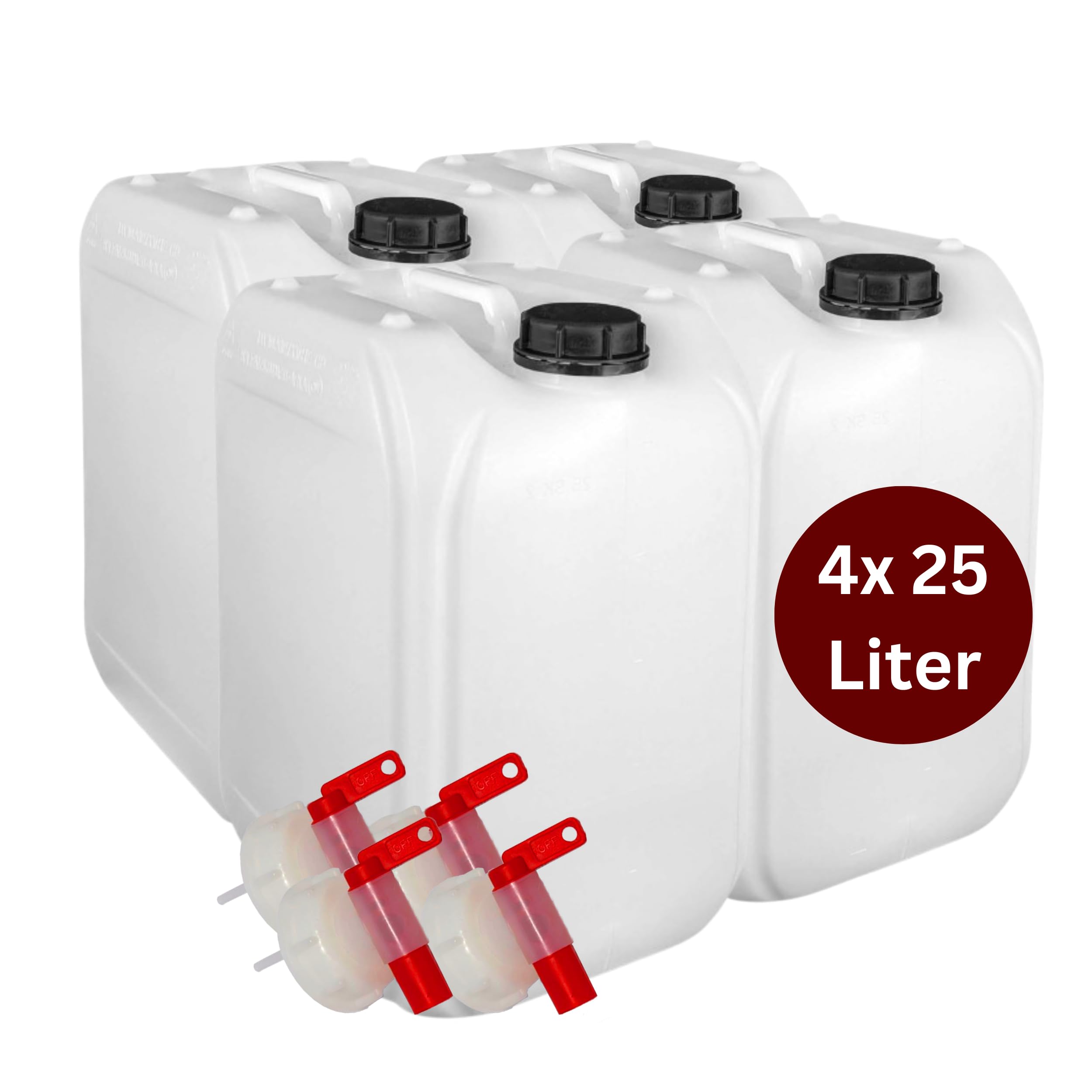 Brestol® 4X 25L Wasserkanister mit Auslaufhahn (DIN 61) | BPA-frei & lebensmittelecht | Leere Kunststoffkanister für Trinkwasser, Chemikalien, Diesel & Öl | Säurefest, geruchsneutral, ablesbare Skala
