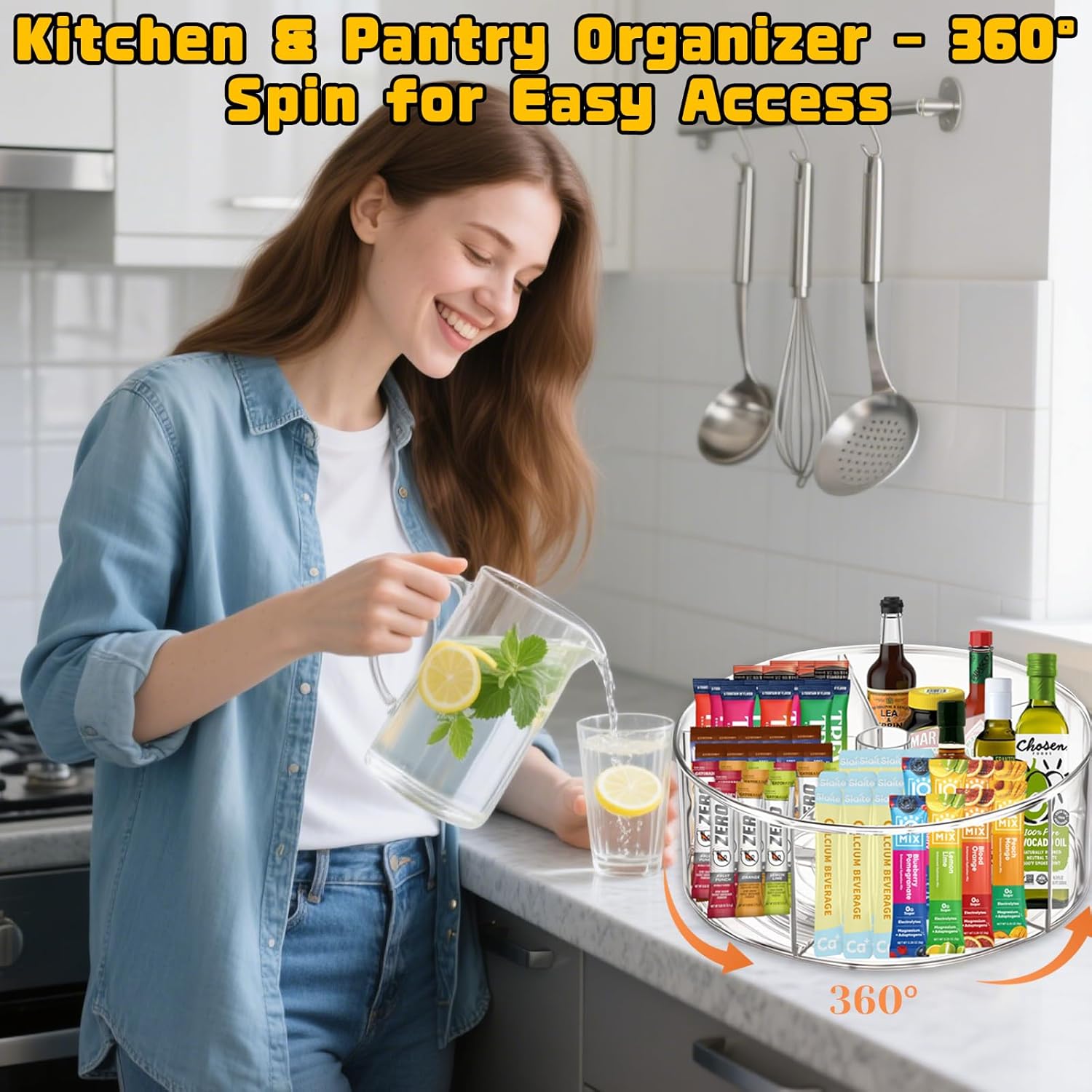 Clear Acrylic Drink Packet Organizer 11.7" x 11.7" x 4.5", 360° Rotating Carousel Lazy Susan Storage Bins Turntable 5-Compartment Dividers for Kitchen Fridge Pantry Powdered Drinks Water Snacks