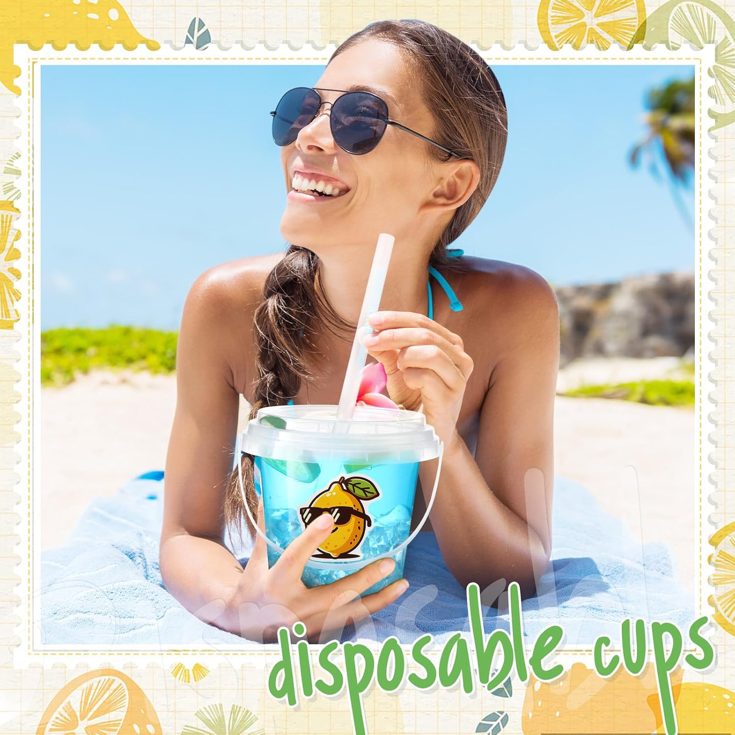 Funnymoom 30 Set 24oz Clear Drink Cups with Lids Straws and Lemon Stickers, Disposable Plastic Lemonade Buckets with Handles for Summer Citrus Party, Bridal Shower and Adult Bachelorette Supplies
