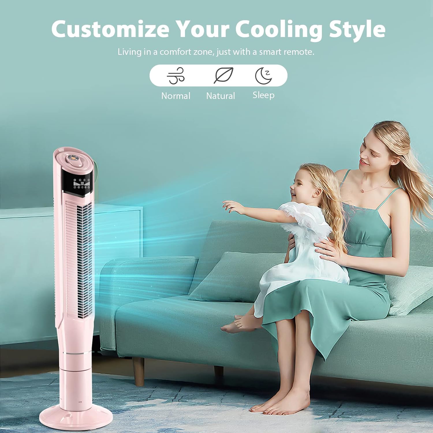 Antarctic Star Tower Fan 360°Oscillating Fan Quiet Cooling 24H Timer Remote Control Powerful Standing 8 Wind Speed 3 Wind Modes Bladeless Floor Fans Portable LED Display,Bedroom Office 47-Inch Pink