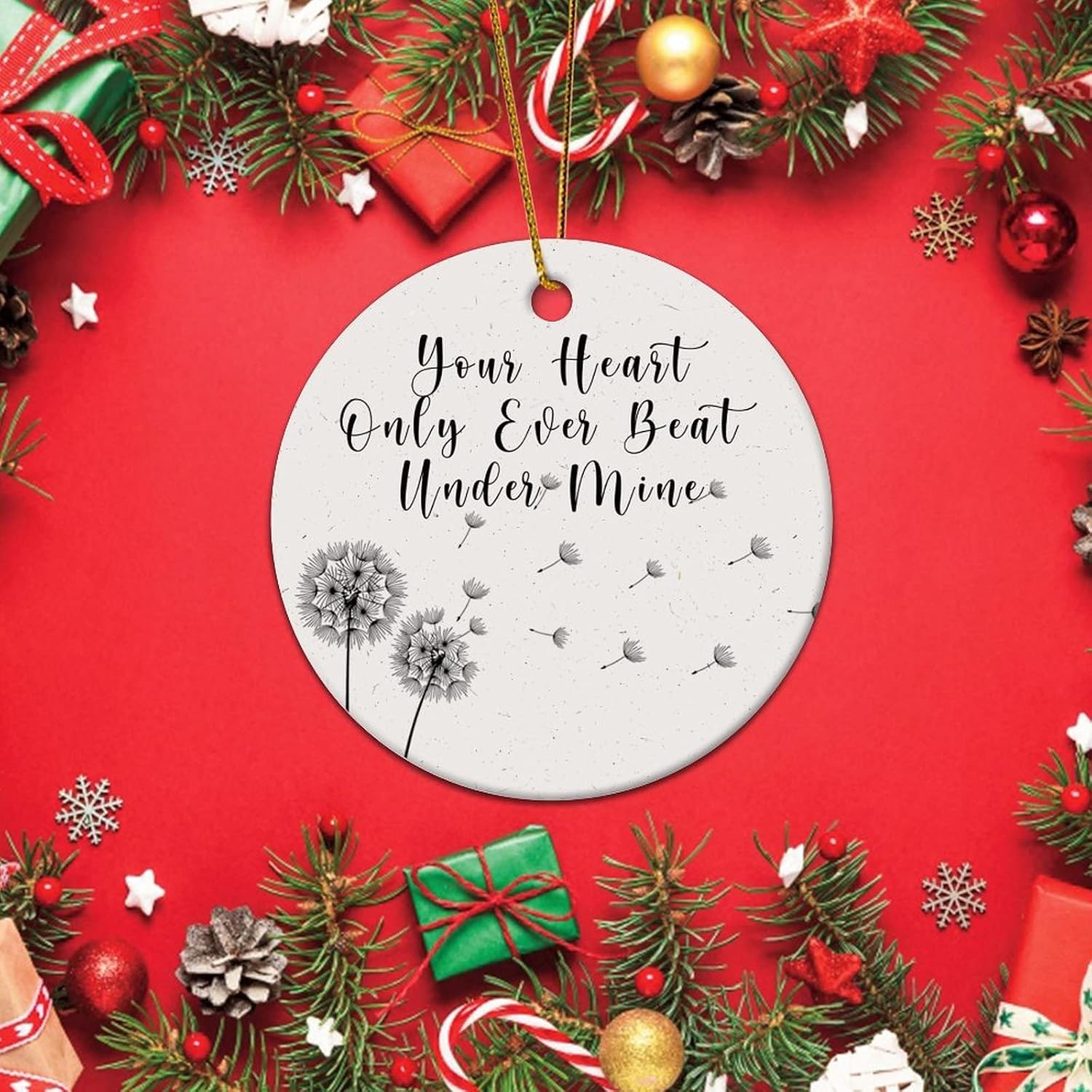 Round Ceramic Christmas Hanging Ornament Your Heart Only Ever Beat Under Mine Collectible Holiday Hanging Keepsake Personalized White Porcelain Souvenirs for New Year Winter Decor image 4