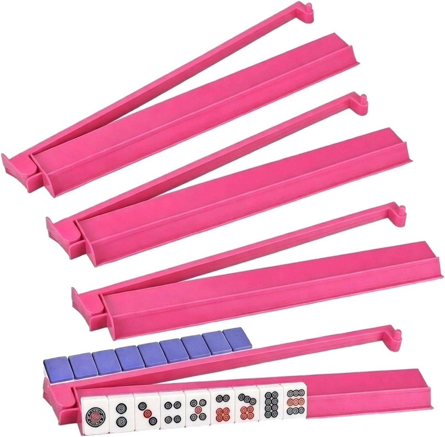Mahjong Rack with Pushers, 4-Piece Premium Acrylic Mahjong Racks with Built-in Pushers & Rotating Bases - Set for Easy Play (Magenta)