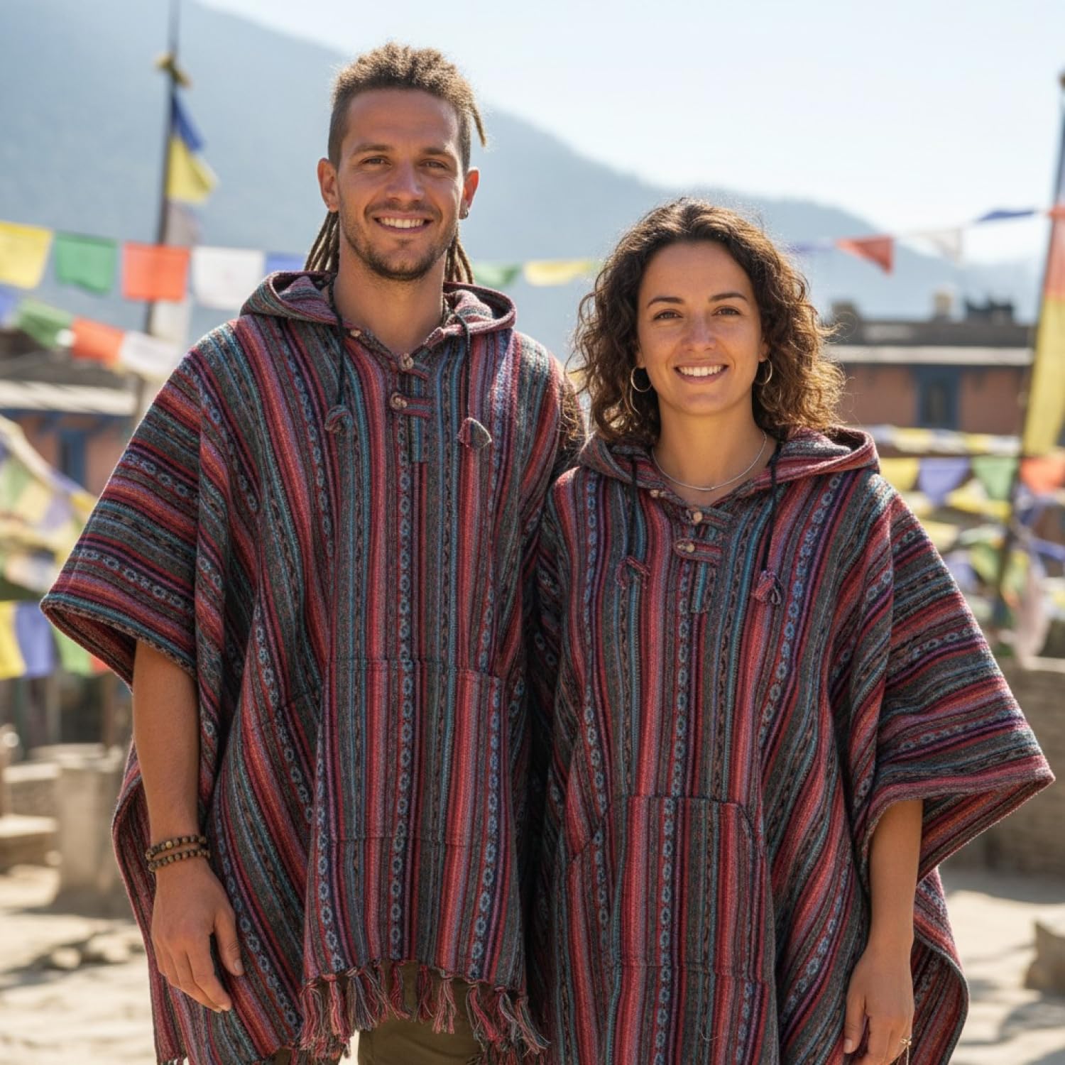 GURU SHOP, Poncho Hippie Chic, Ethno Poncho, Poncho Andino, Arancione/verde, Cotone, Dimensione Indumenti:One Size, Giacche, Cardigan e Poncho