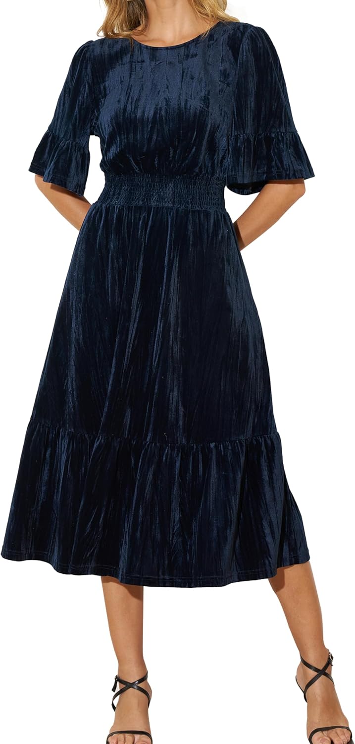 Women's Tiered Velvet Midi Dress Fall Winter Smocked High Waist Dress with Pockets Cocktail Evening Party Formal Dress