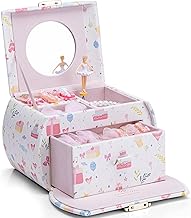 Vlando Jewelry Box, Gift for Daughter, Semi-Circular, with Mirror, Musical Box, Present, Children's Accessory Case, Portable, Drawer, 2 Tiers (Princess)