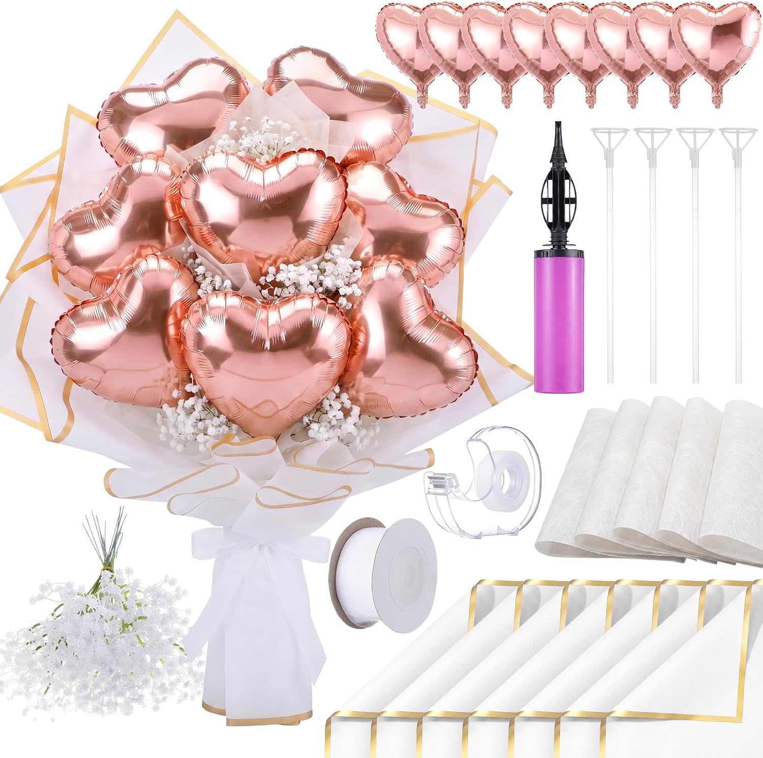 Qeeenar DIY Heart Balloon Bouquet Kit, 8Pcs Foil Heart Balloons with Baby's Breath Flowers, Wrapping Paper & Ribbon, Balloon Flower Bouquet Making Kit for Birthday Anniversary(Champagne Gold)