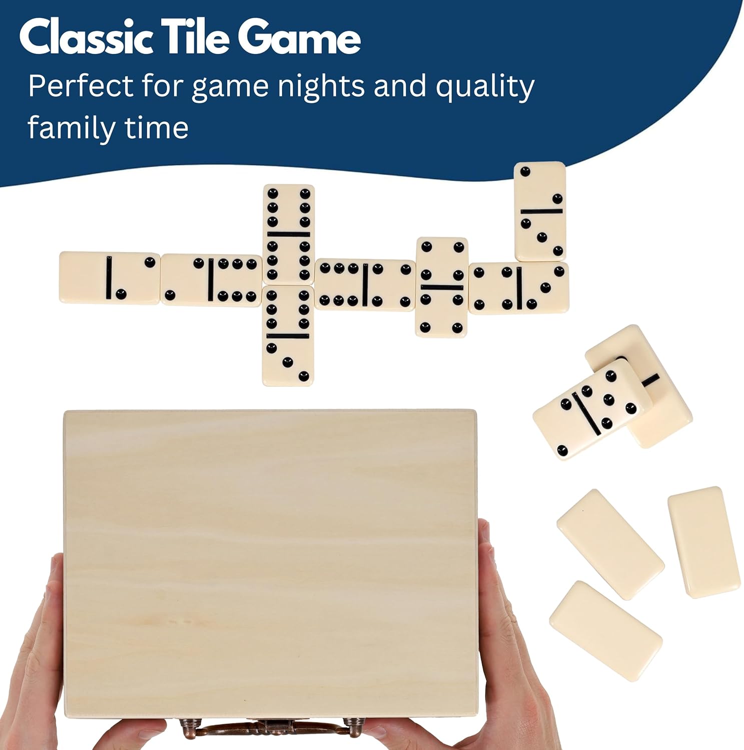 WE Games Double 9 Dominoes in Natural Wooden Treasure Box, Dominoes Set for Adults, Ivory Color Double Nine Domino, Classic Board Games, Tile Games