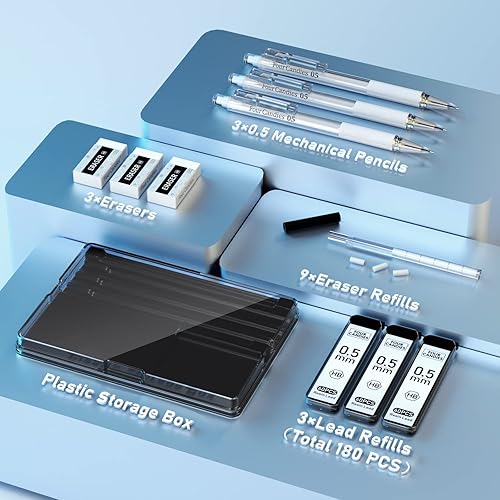 Miniatura 4 de Four Candies Juego de lápices mecánicos con estuche, 3 lápices lindos de 0.020 in con 180 repuestos de plomo HB, 3 borradores y 9 repuestos de