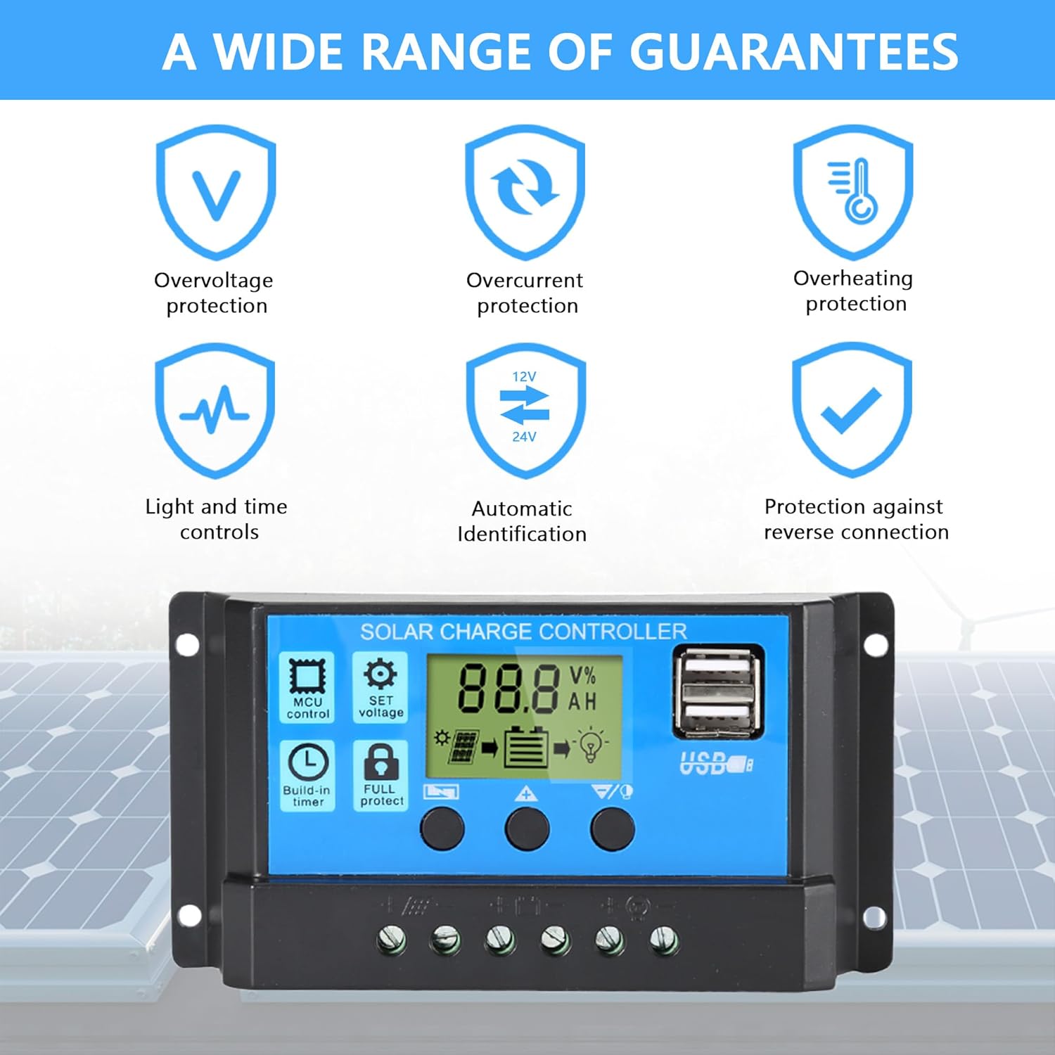 Diagram showing multiple protection features of the solar charge controller