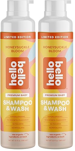 Hello Bello Champú y gel de baño para bebé, aroma Honeysuckle Bloom, botella de 10 onzas (paquete de 2)