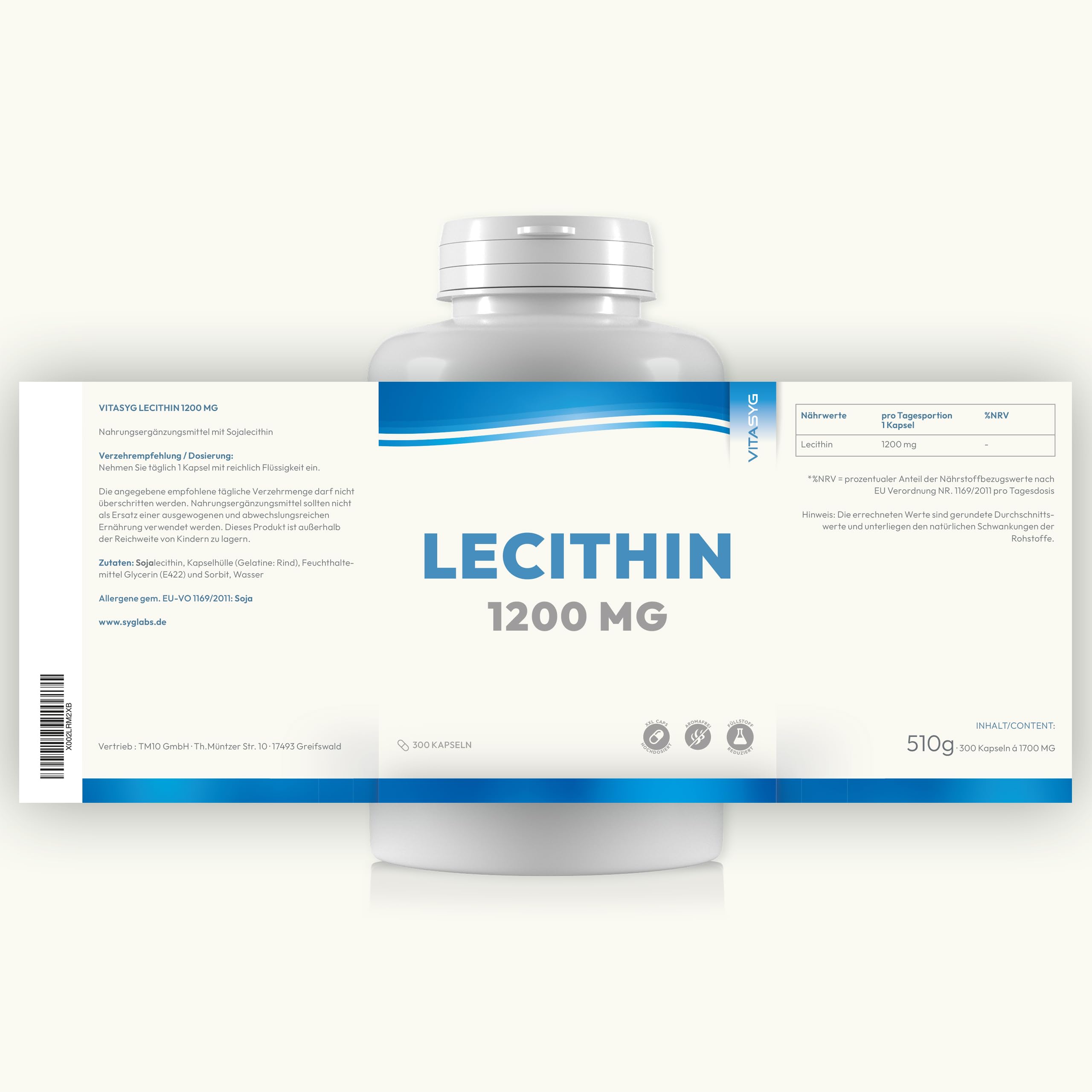 Lecithin Kapseln 1200mg - 300 Kapseln - 1200mg pro Tagesdosierung - Sojalecithin - ohne Gentechnik - hochdosiert