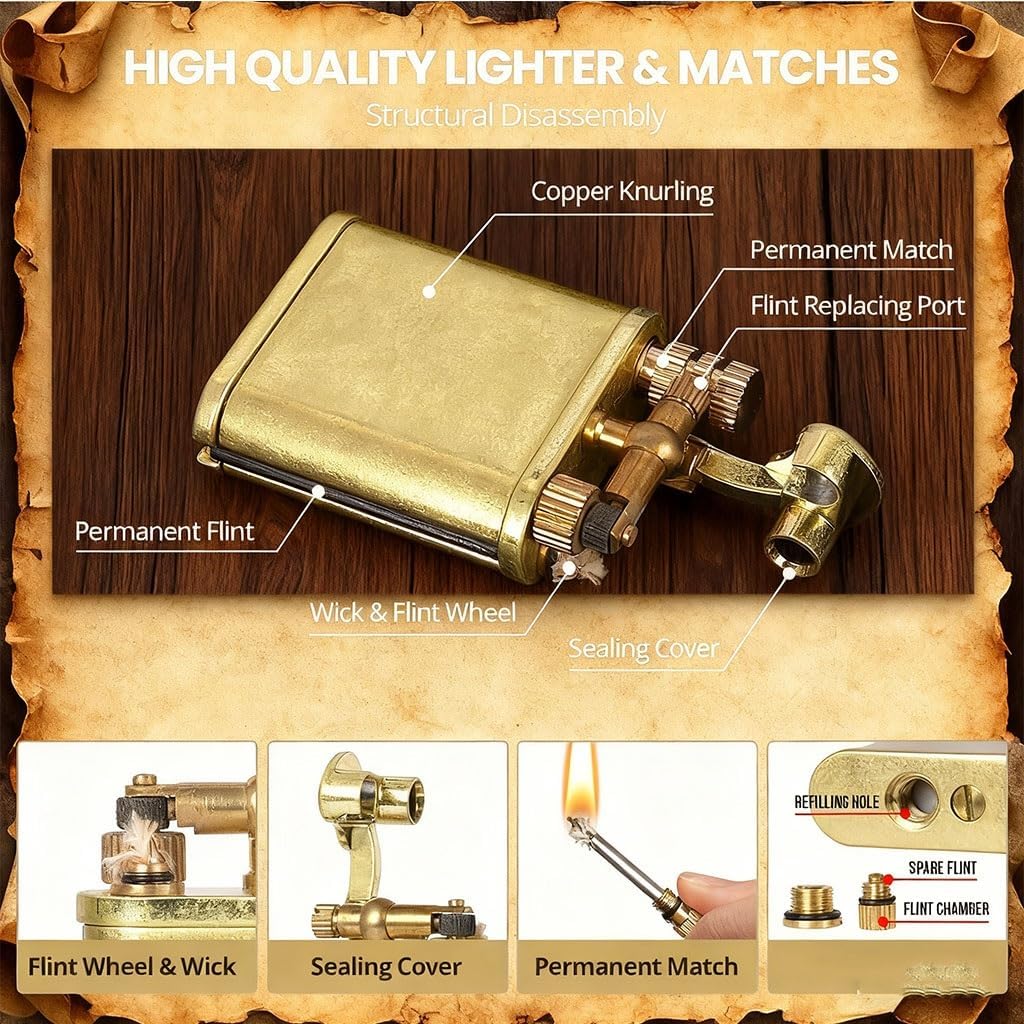 Vintage Kerosene Trench Lighter,Unique Permanent Match Infinity Lighters, Refillable, Reusable Waterproof Gift for Men(Silver)