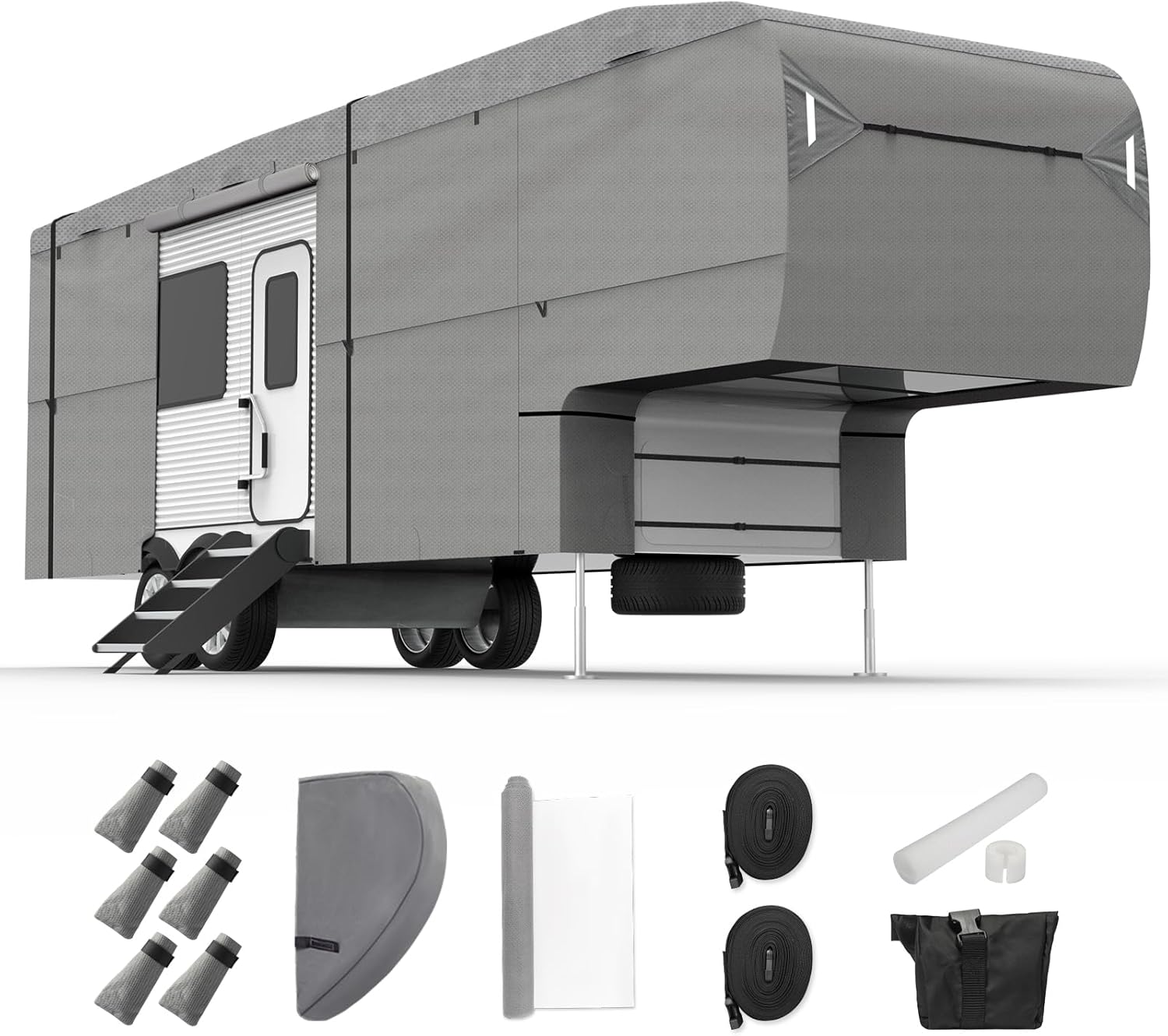 XGEAR Easy Setup 29' -33' 5th Wheel RV Cover Windproof 5th Wheel Cover, Extra 5-Layer top Roof for Max Weather Protection, Grey (Grey/Easy Setup W 4 Tire Covers and Kits)