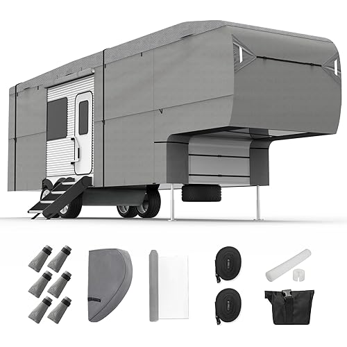 XGEAR 5th Wheel RV Cover Windproof Camper Cover, Extra 5-Layer top Roof for Max Weather Protection, Grey (Fits 37' - 41', Grey/W Upgraded Kits)