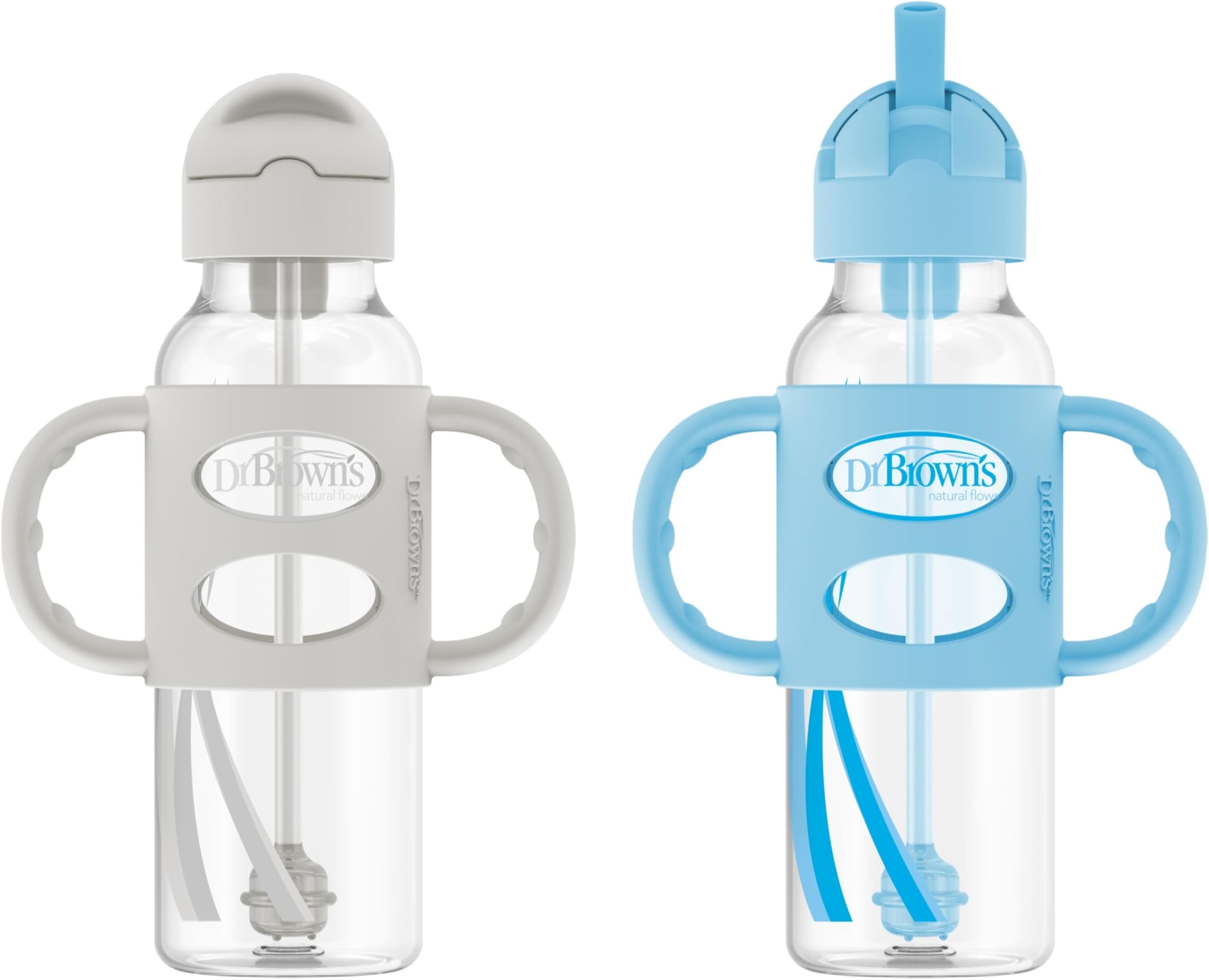 Milestones Narrow Sippy Straw Bottle, Spill-Proof with 100% Silicone Handles and Weighted Straw, 8 oz/250 mL, Gray & Blue, 6m+