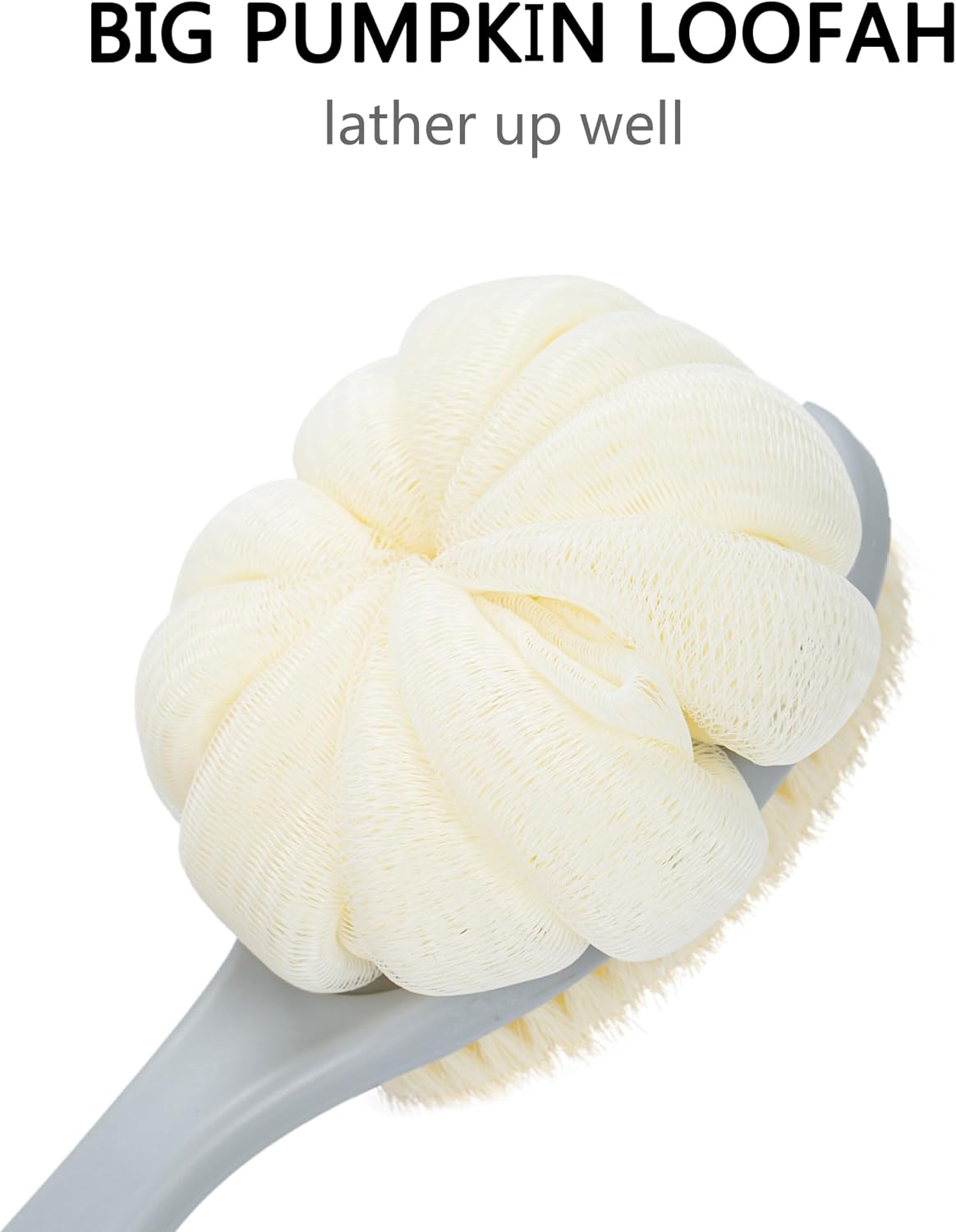 Shower Body Brush with Bristles and Large Pumpkin Loofah,Back Scrubber Bath Mesh Sponge with Anti-Slip Curved Long Handle for Skin Exfoliating,Massage Bristles for Wet or Dry,Men Women (Grey)