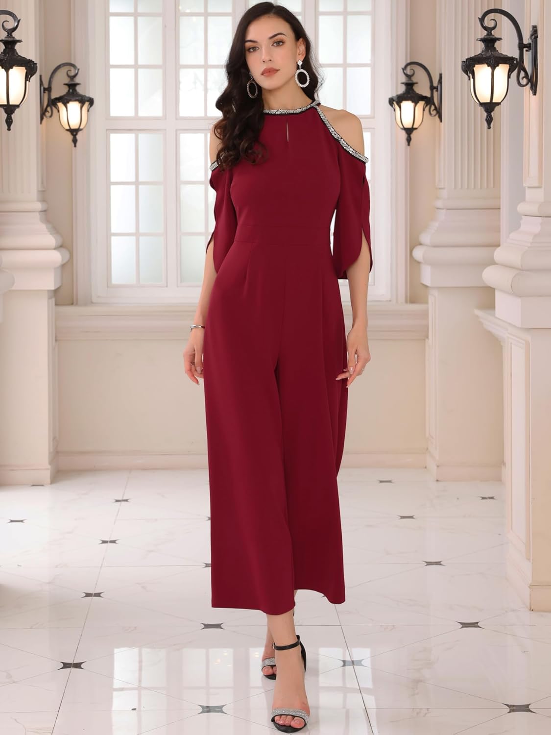 Women's Dressy Jumpsuits Formal Beaded Cold Shoulder Split Sleeve Wide Legs Cocktail Evening Jumpsuit - Image 2