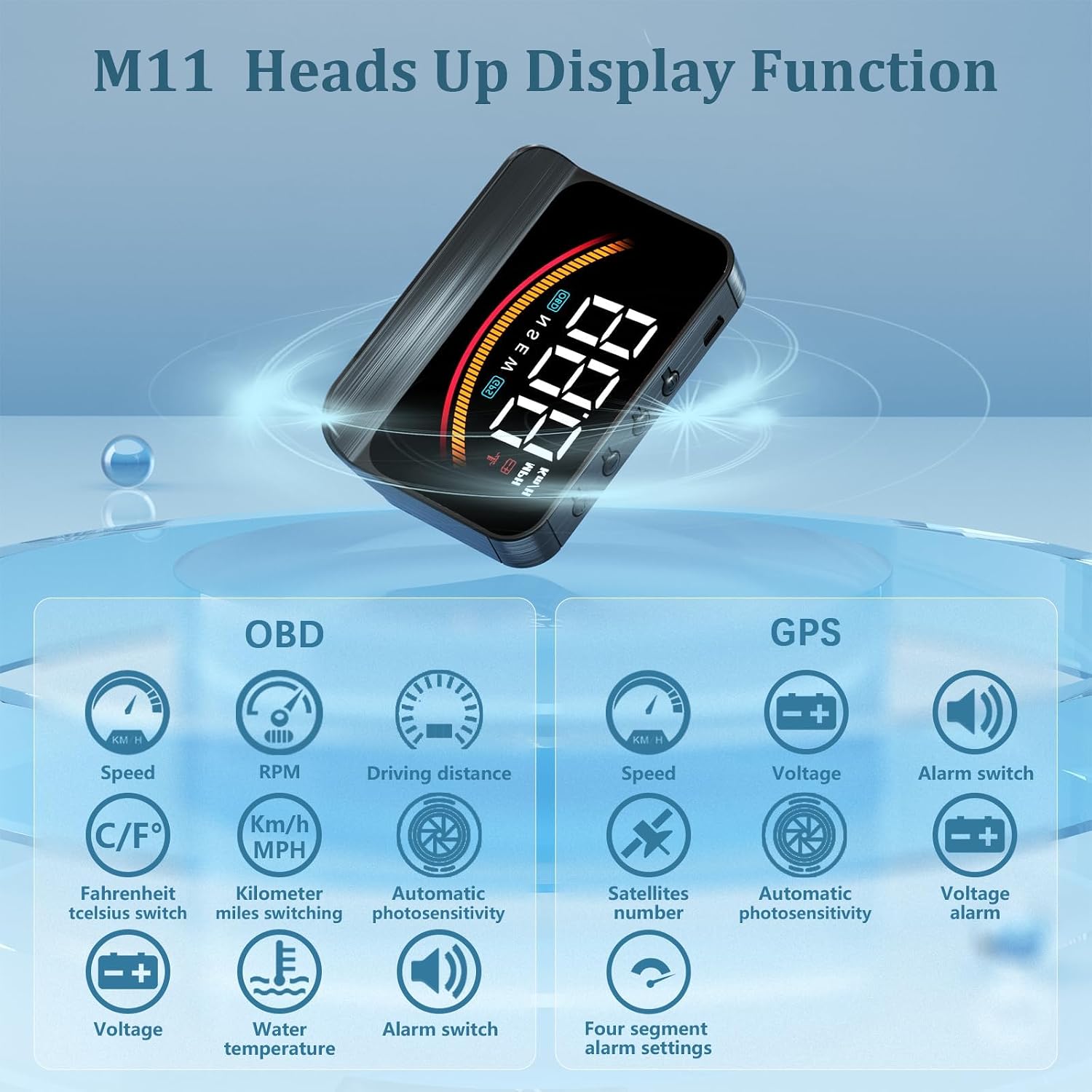 AZIJYV Heads Up Display for Cars ,Windshield Speedometer Projector with Speed,Water Temperature,Over Speed Alarm,OBD+GPS Digital Speedometer Suitable for All Cars