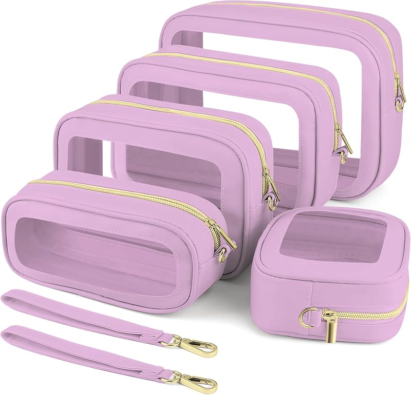 KIUGCO Conjunto com 5 Necessaires Transparentes com Zíper e Alças, Organizadores de Viagem em TPU, Roxo