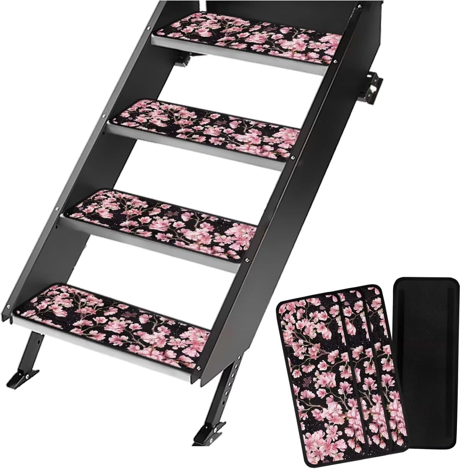 Boatee Strawberry RV Step Carpet RV Step Covers 4 Pack RV Step Rug Non Slip Trailscrubber RV Step Cover with Hook and Loop RV Deck Step Covers for Women Keep RV Cleaner Pink
