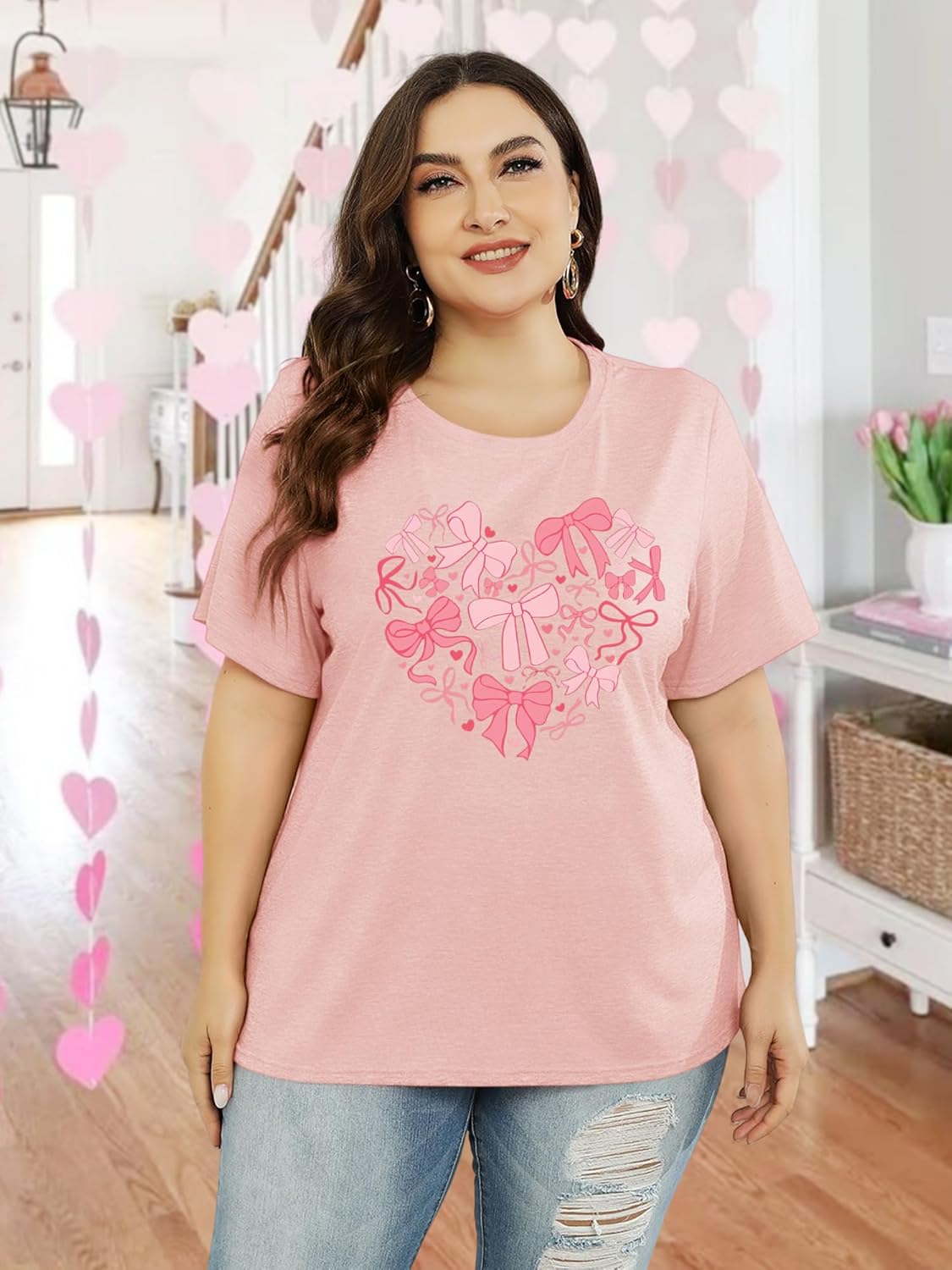 HDLTE Women's Plus Size Valentine Shirts Graphic Love Heart Tops Cute Casual Short Sleeve Tee Shirt - Image 5