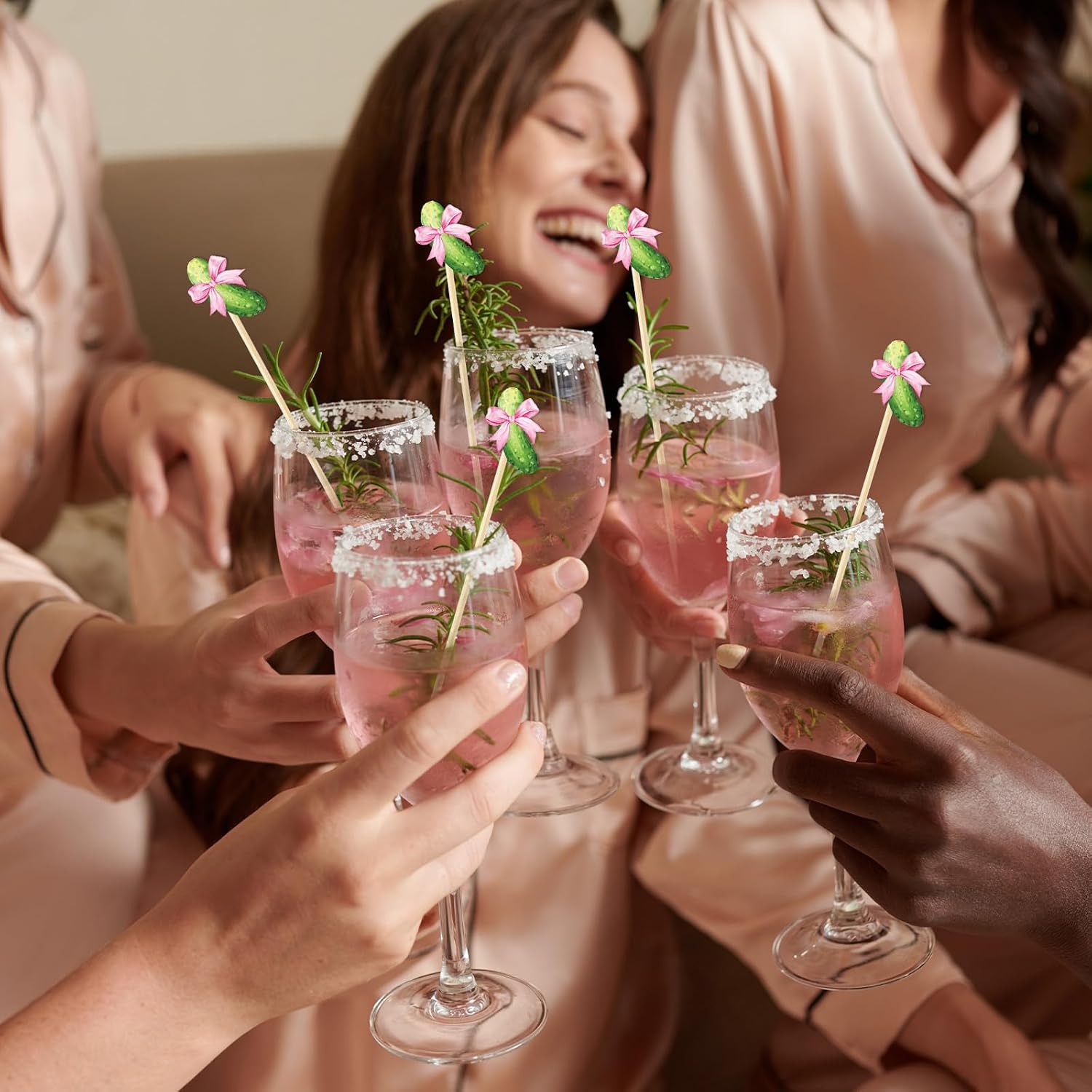 FYSUIMU 150 Pcs Pickle Cocktail Picks Pink Bow Cucumber Long Toothpicks for Cupcake Fruit Appetizer Drink Decor Bachelorette Bridal Shower Martini Party Supplies